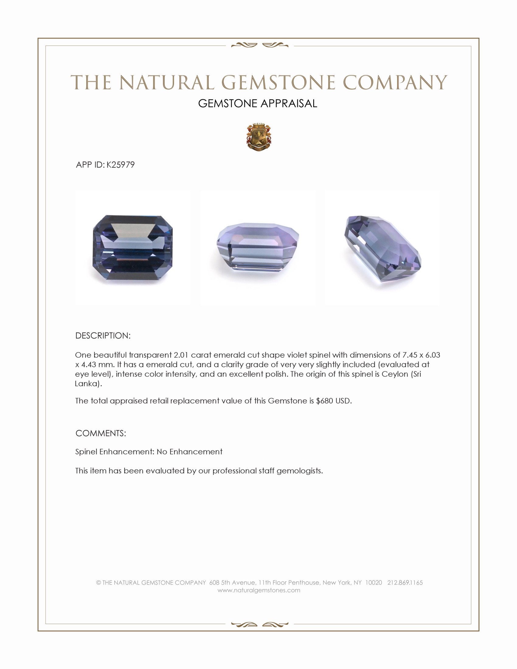 2.01 Ct. Violet Spinel from Ceylon (Sri Lanka)