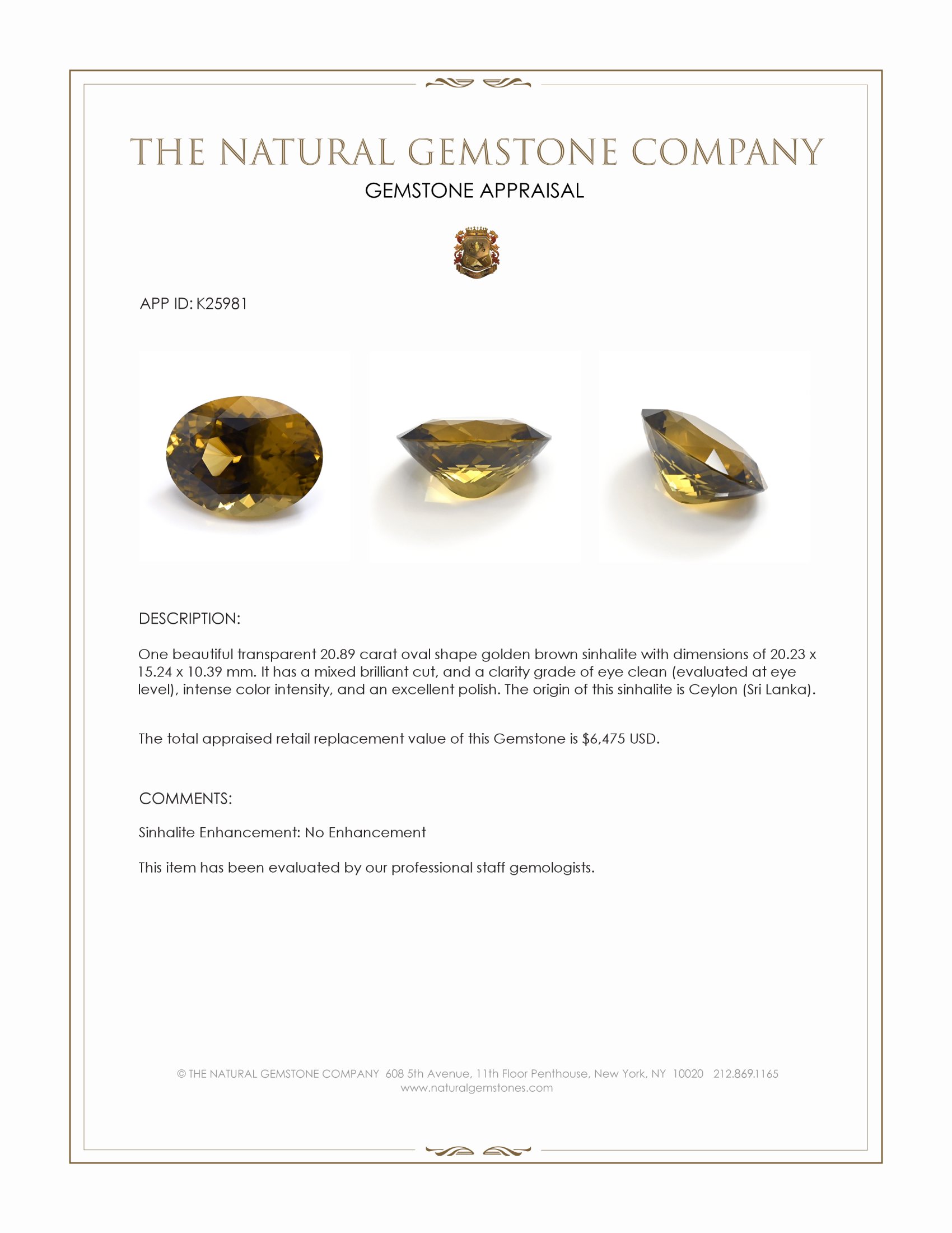 20.89 Ct. Golden Brown Sinhalite from Ceylon (Sri Lanka)