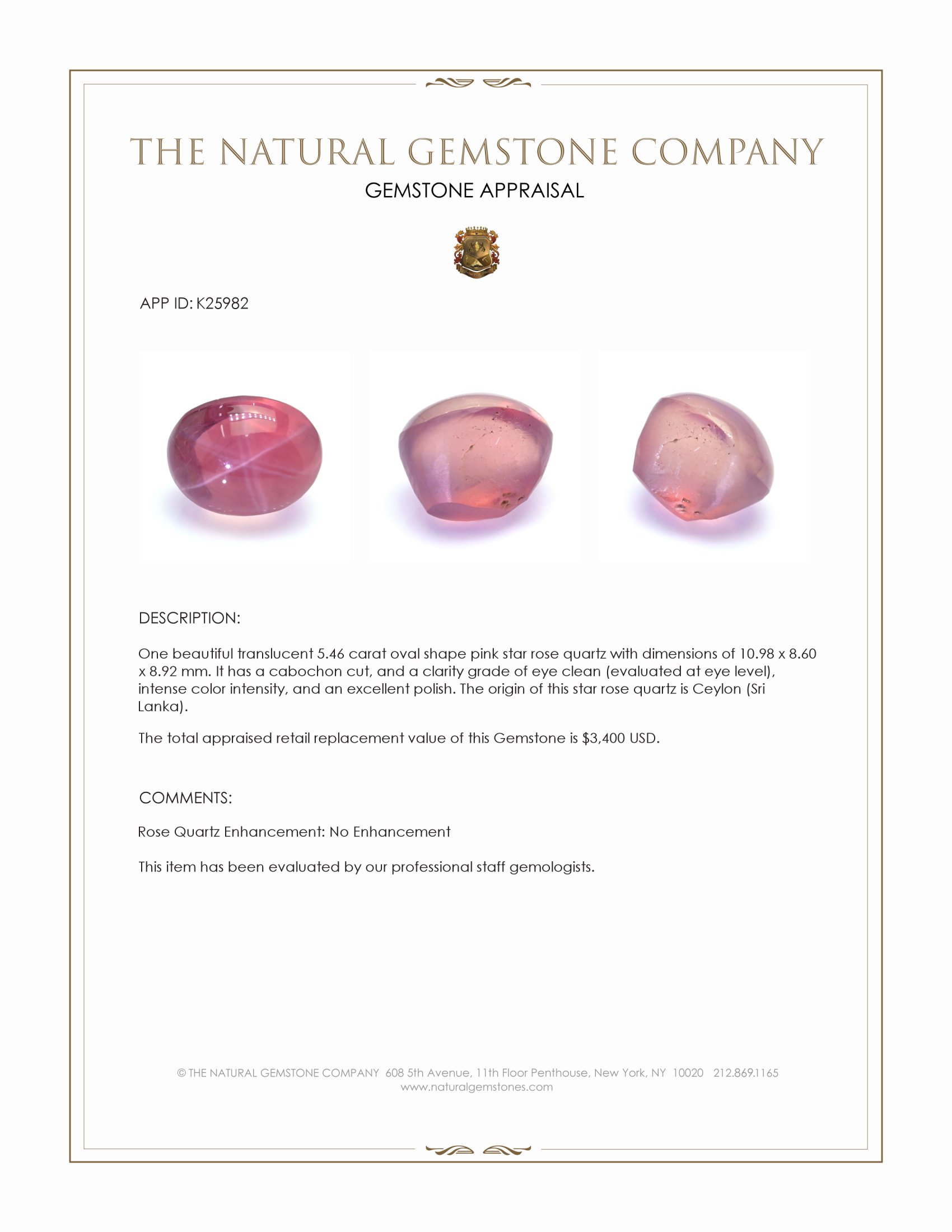 5.46 Ct. Pink Star Rose Quartz from Ceylon (Sri Lanka)