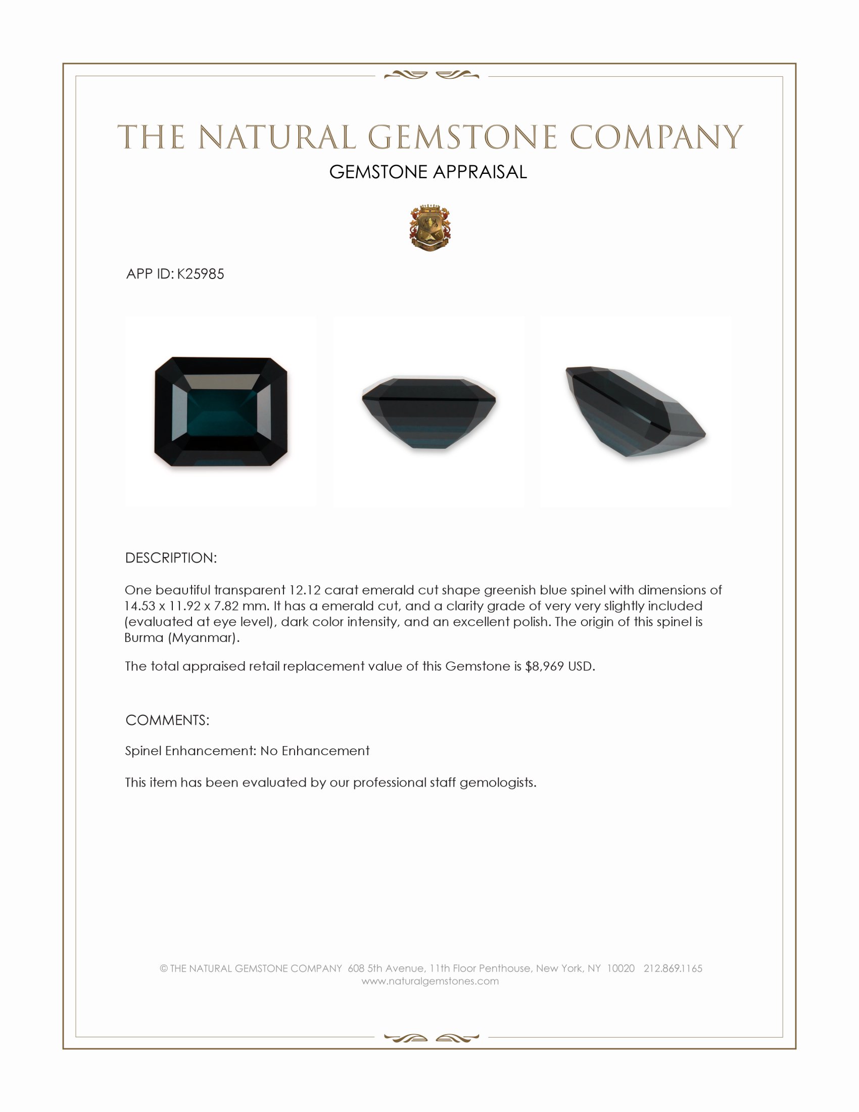 12.12 Ct. Greenish Blue Spinel from Burma (Myanmar)