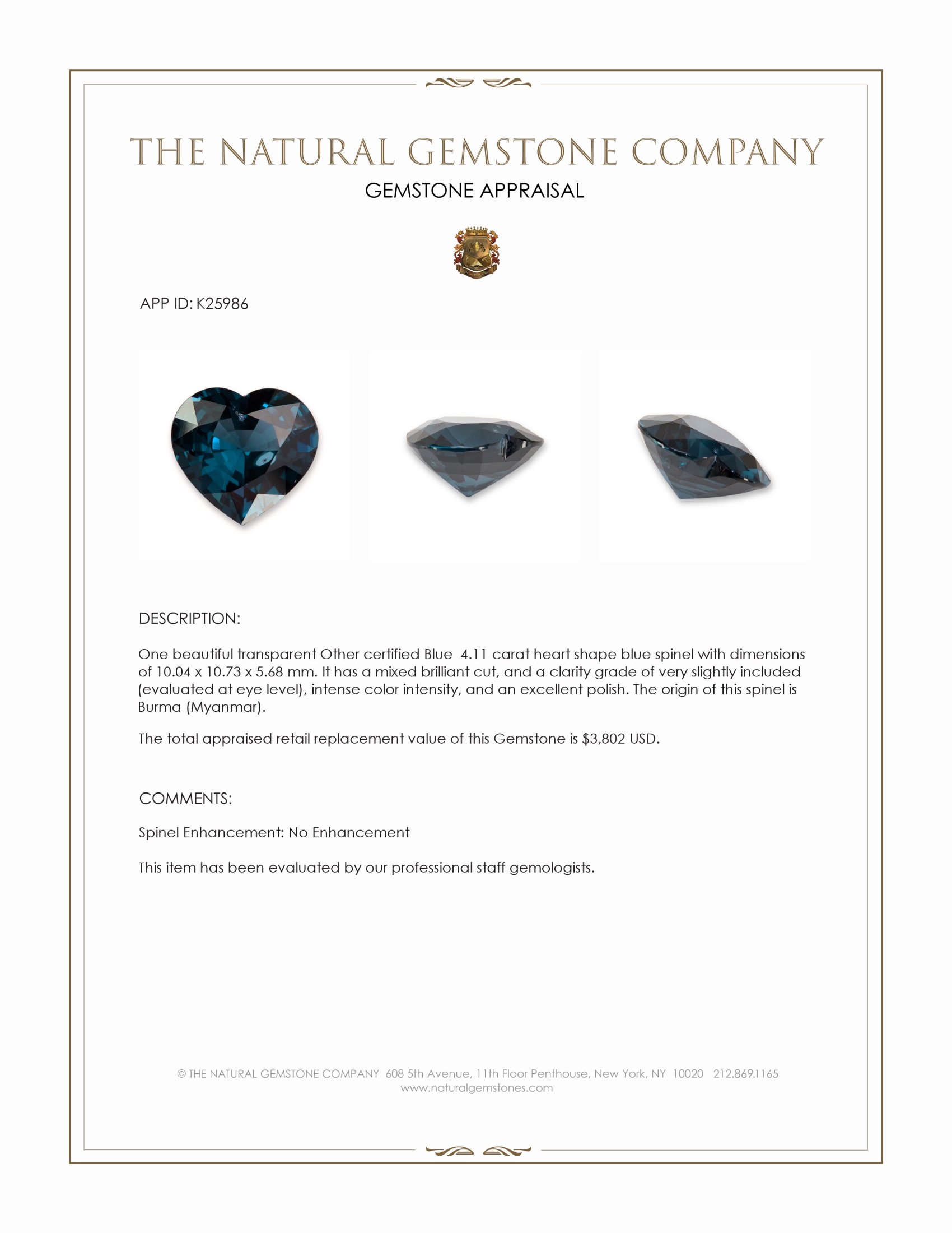 4.11 Ct. Blue Spinel from Burma (Myanmar)