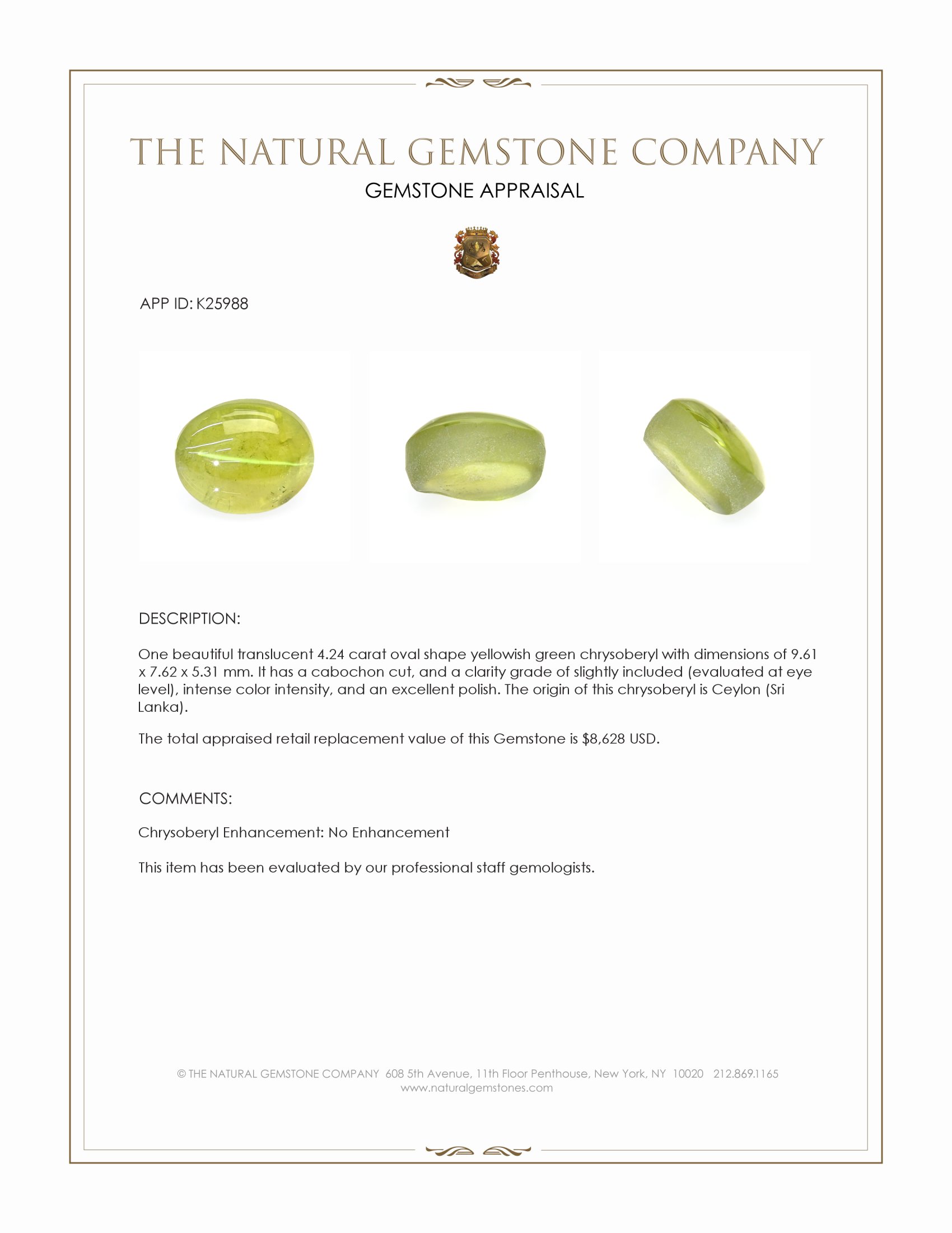 4.24 Ct. Yellowish Green Cabochon Chrysoberyl from Ceylon (Sri Lanka)