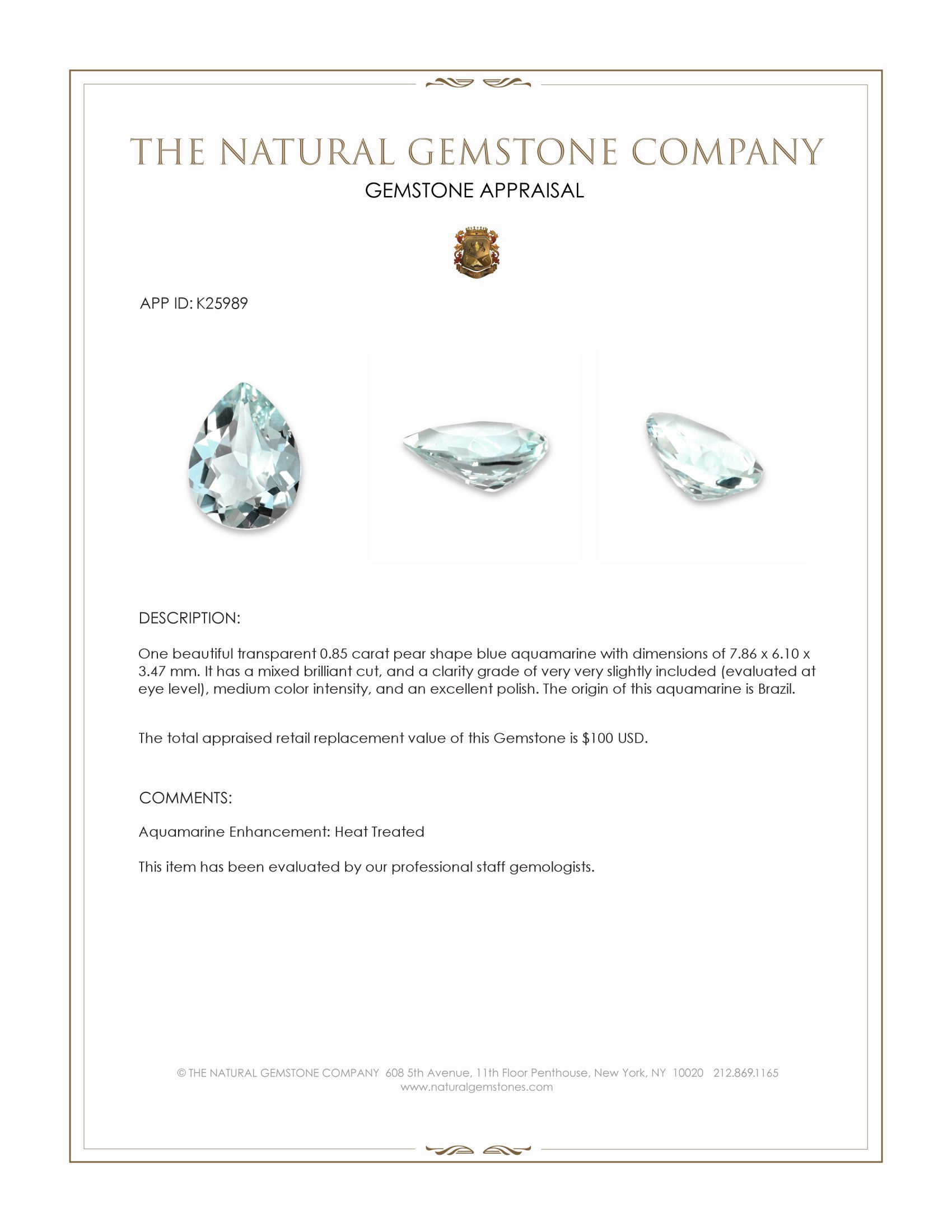 0.85 Ct. Blue Aquamarine from Brazil