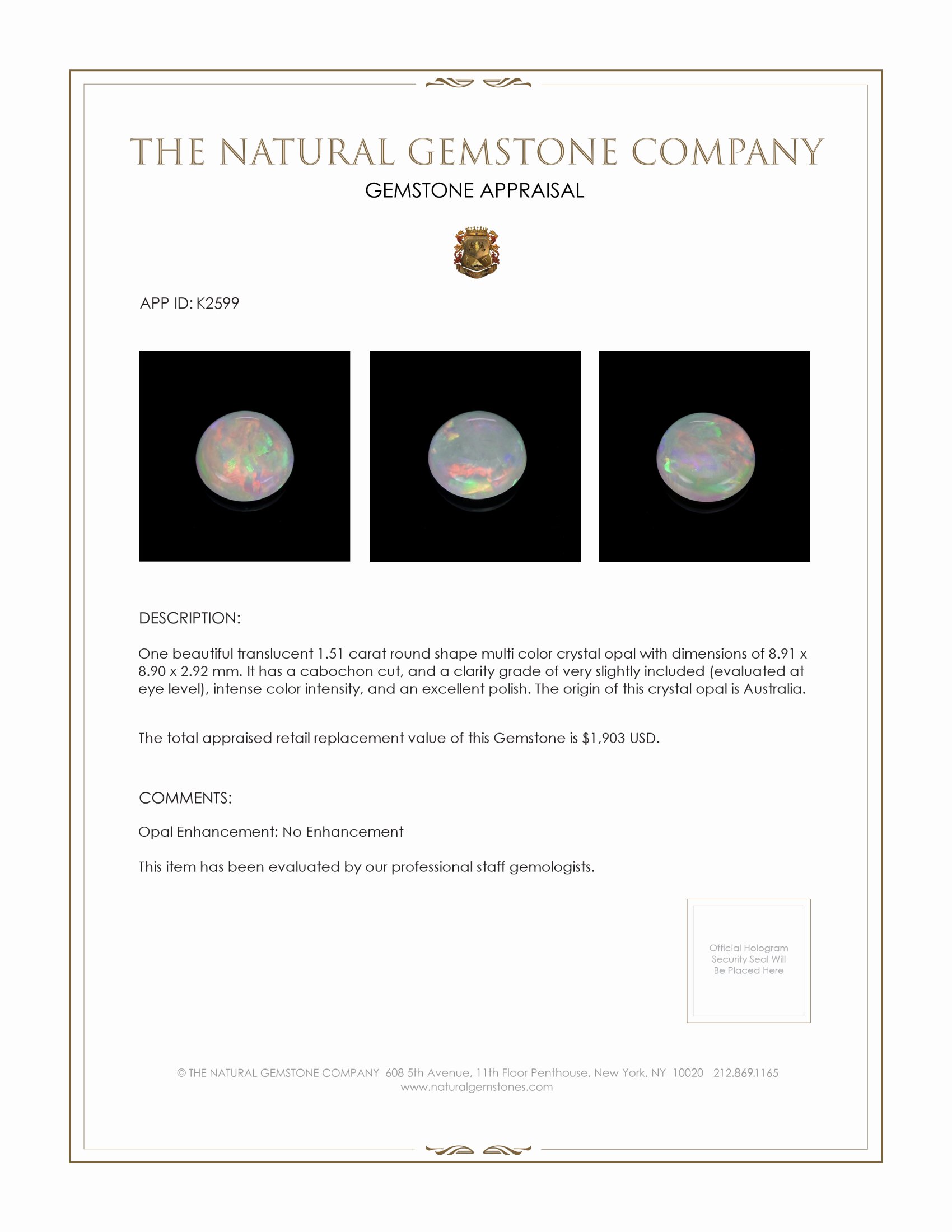 1.51 Ct. Cabochon Crystal/Jelly Opal from Australia