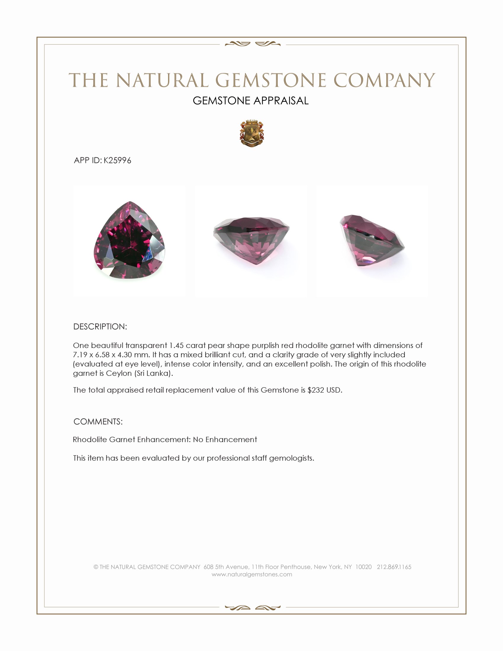1.45 Ct. Purplish Red Rhodolite Garnet from Ceylon (Sri Lanka)