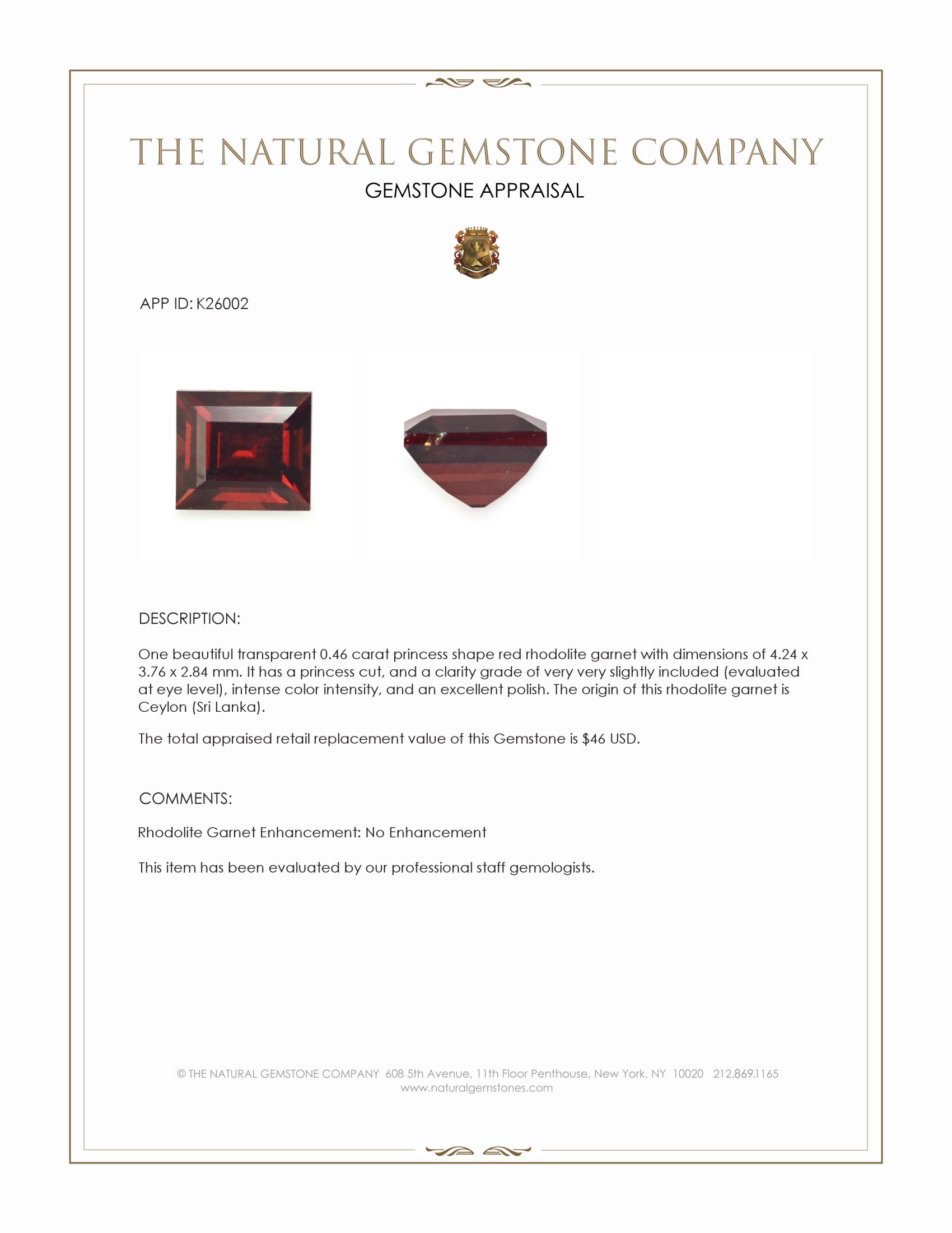 0.46 Ct. Red Rhodolite Garnet from Ceylon (Sri Lanka)