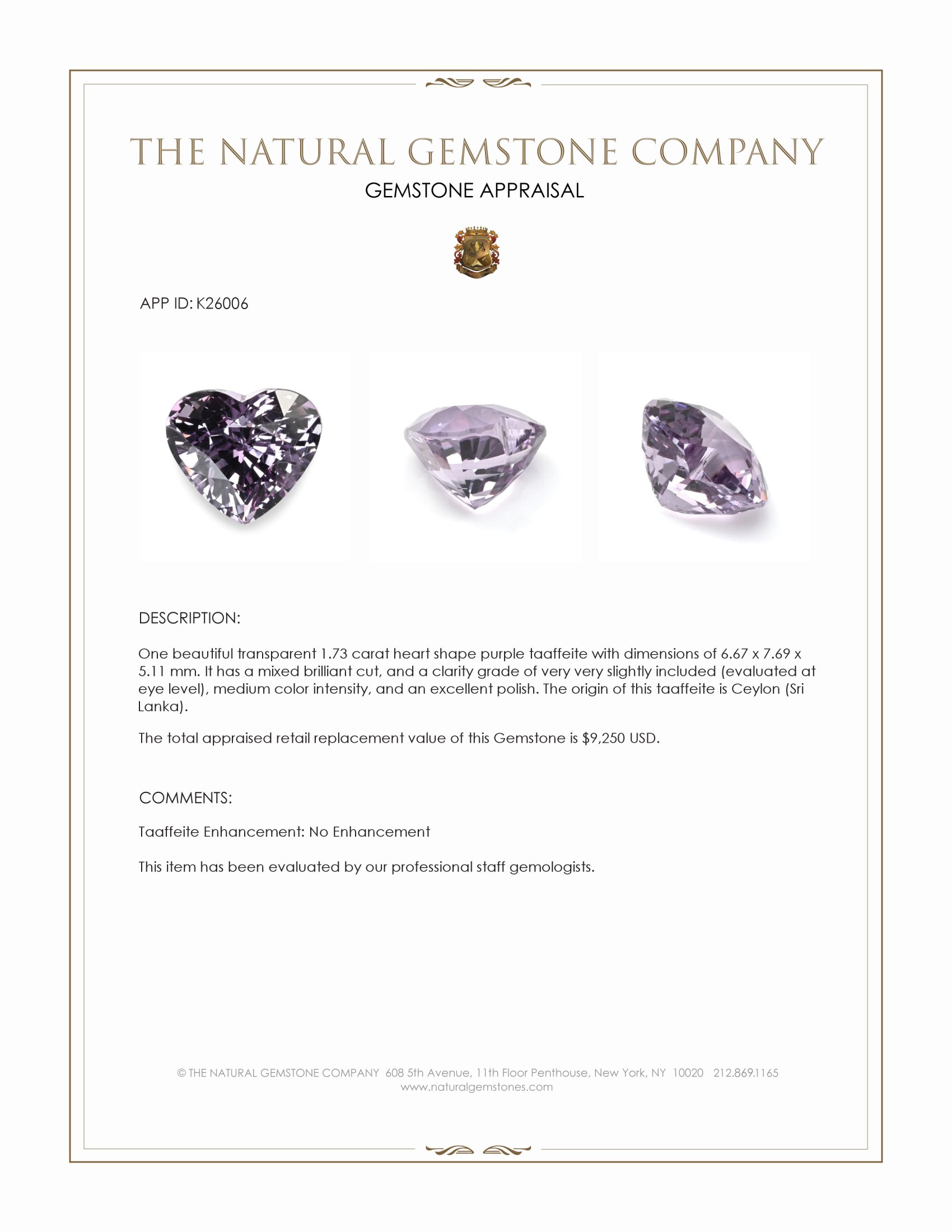 1.73 Ct. Purple Taaffeite from Ceylon (Sri Lanka)