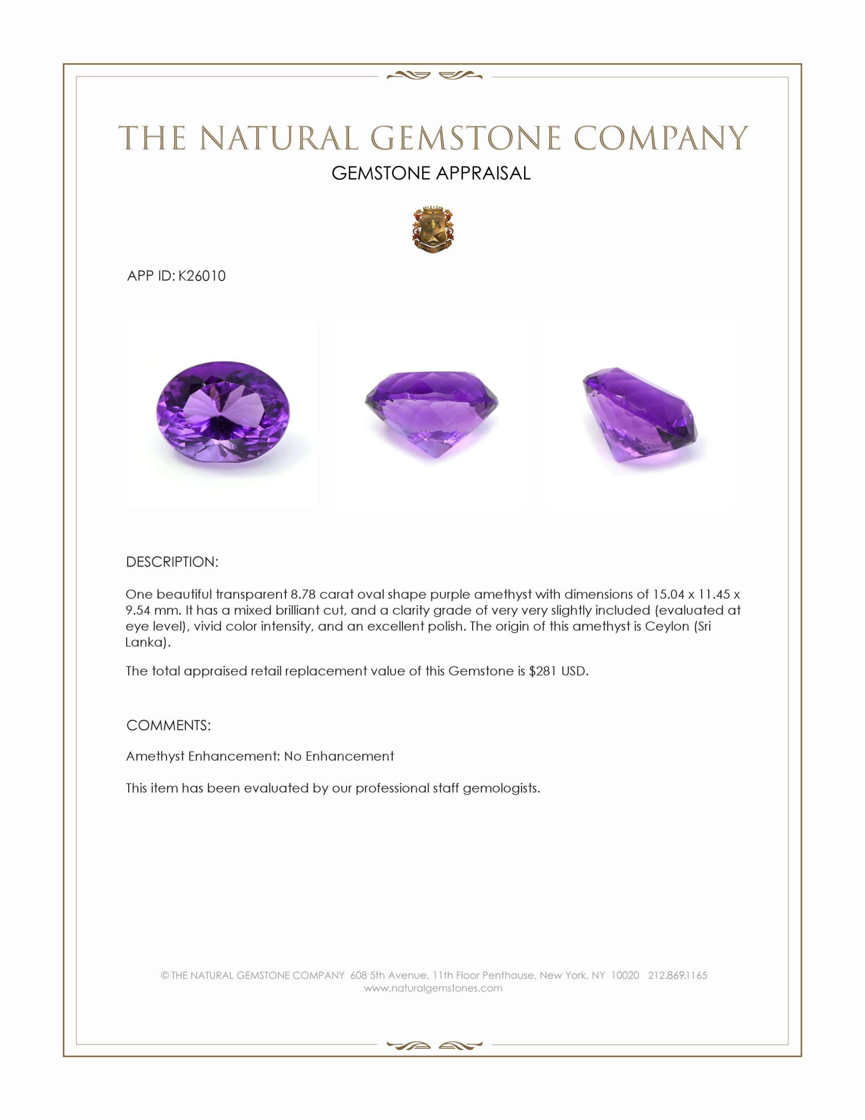 8.78 Ct. Purple Amethyst from Ceylon (Sri Lanka)