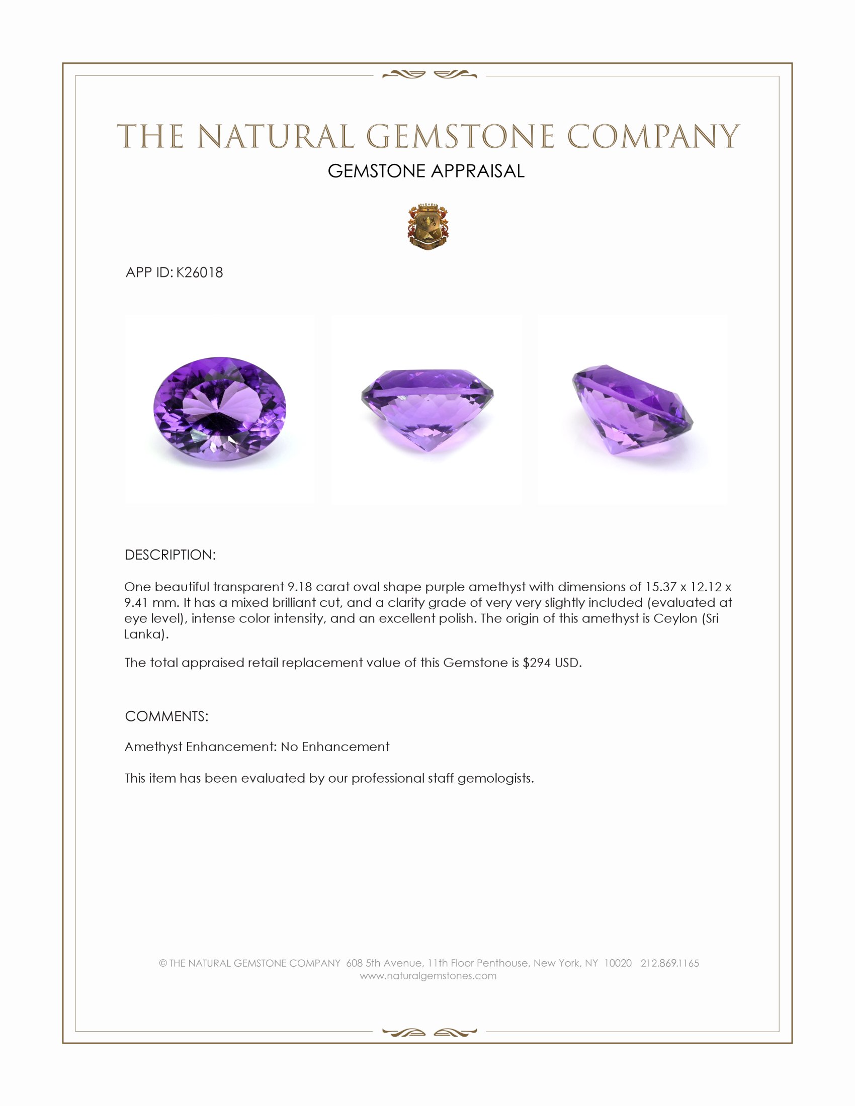 9.18 Ct. Purple Amethyst from Ceylon (Sri Lanka)