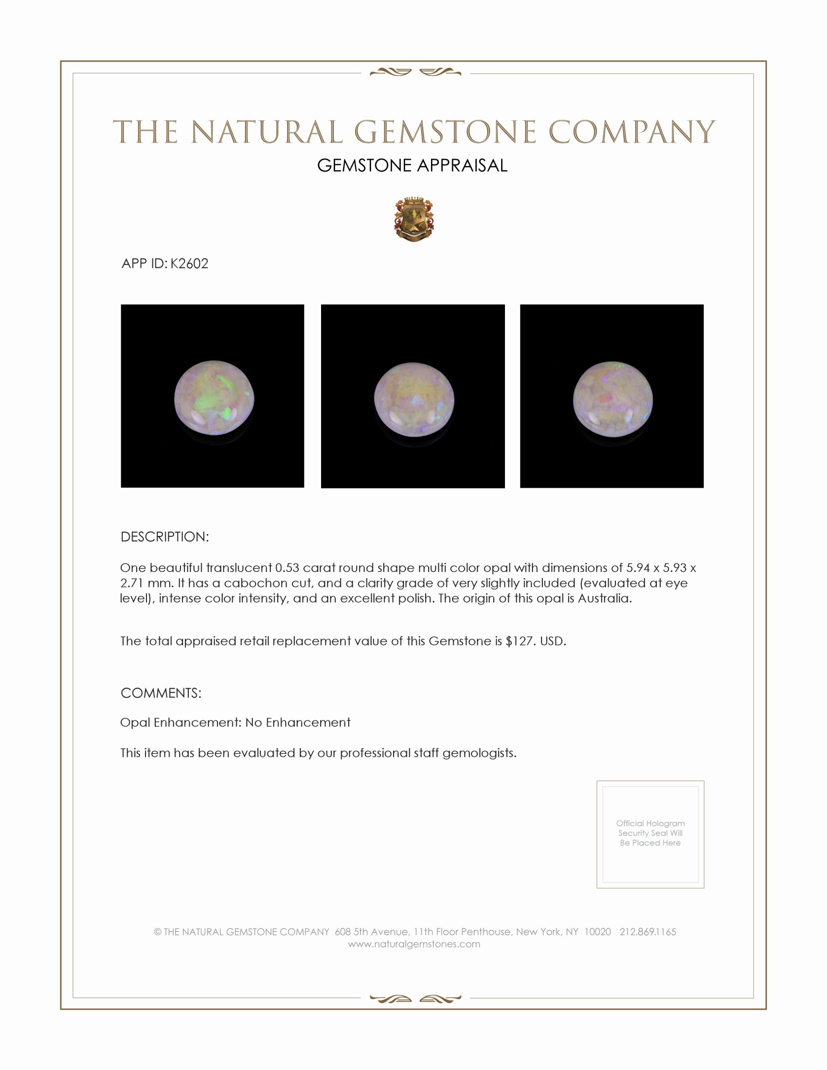 0.53 Ct. Cabochon White Opal from Australia