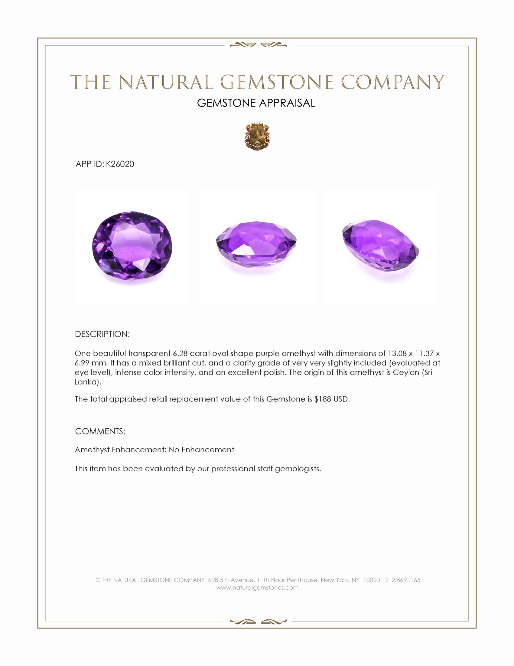 6.28 Ct. Purple Amethyst from Ceylon (Sri Lanka)