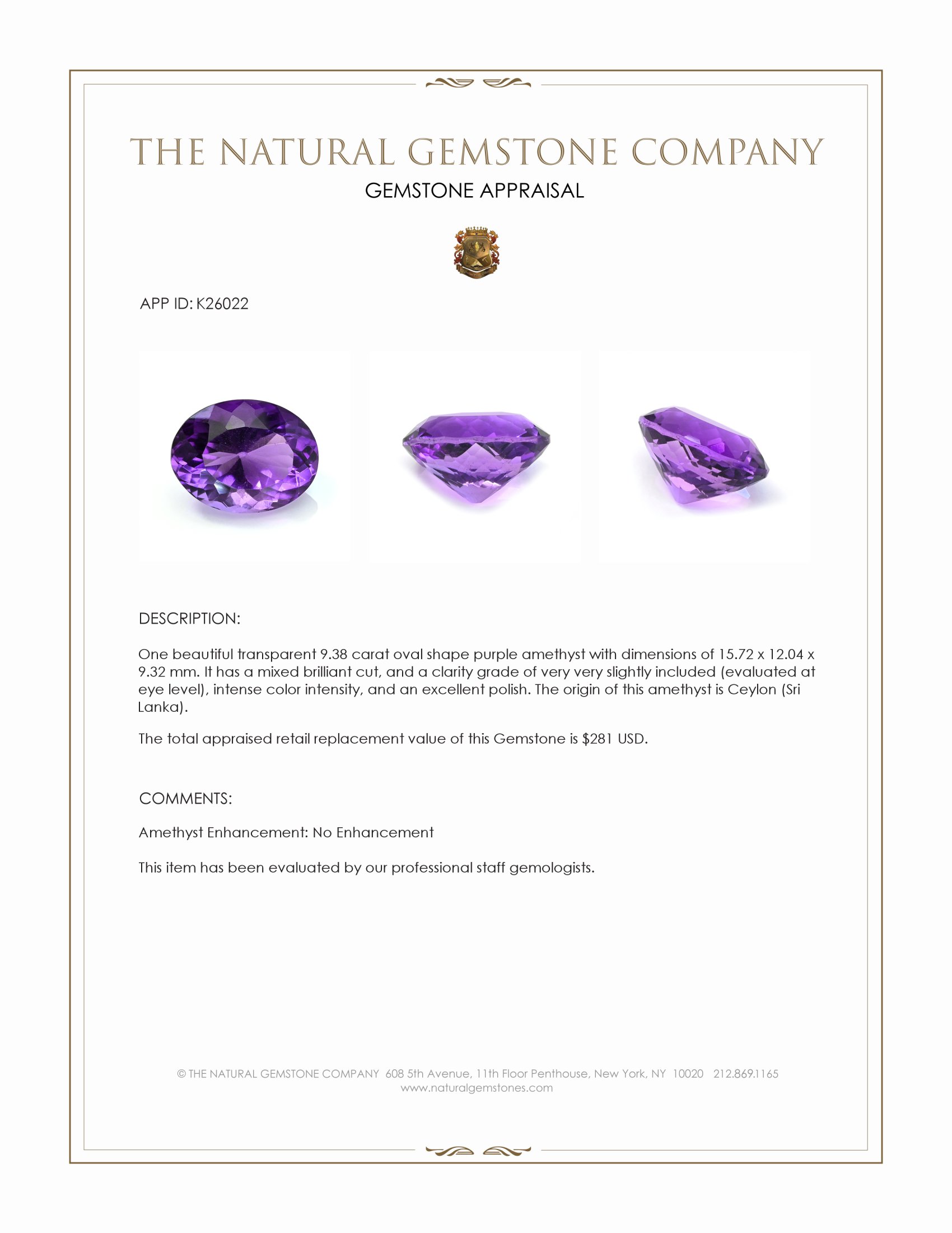 9.38 Ct. Purple Amethyst from Ceylon (Sri Lanka)