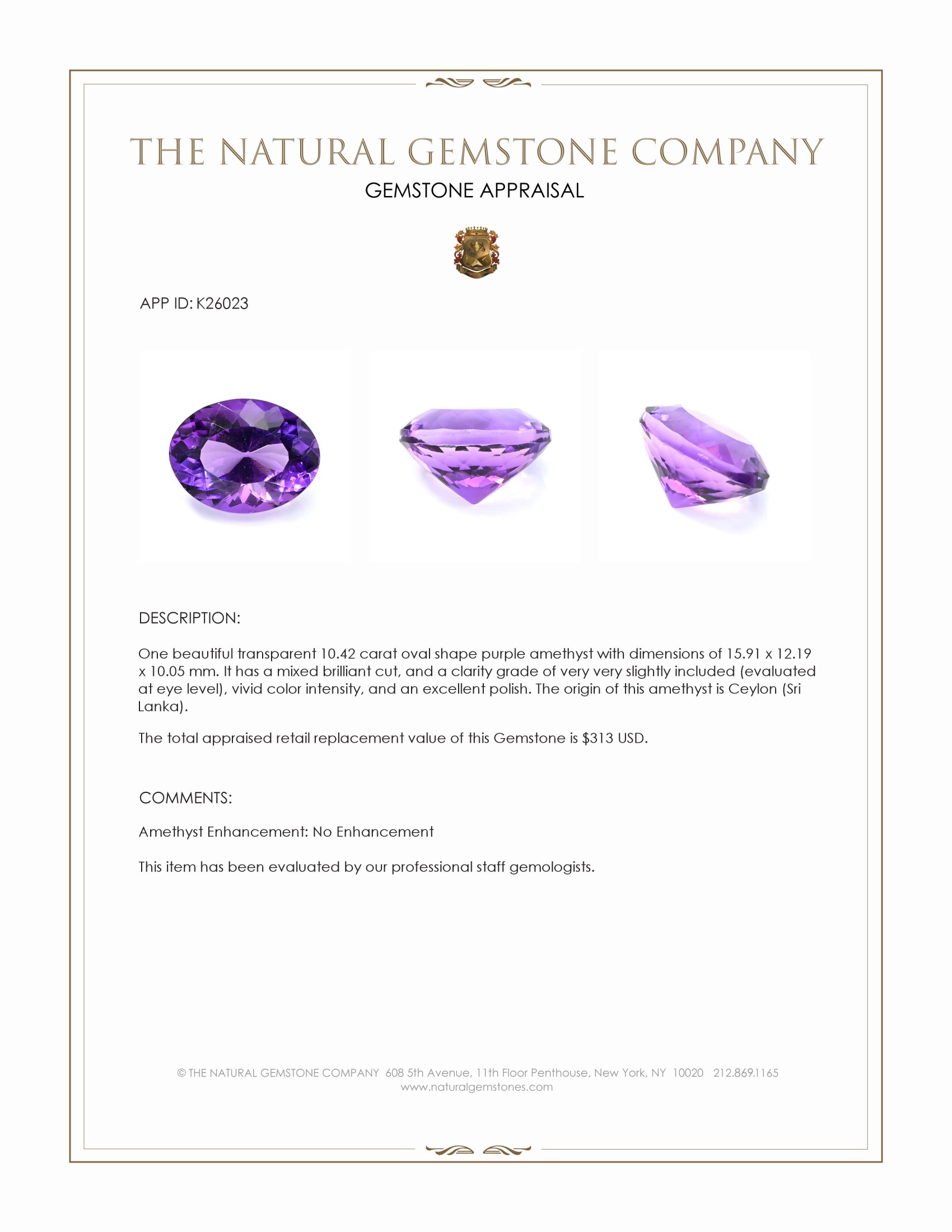 10.42 Ct. Purple Amethyst from Ceylon (Sri Lanka)