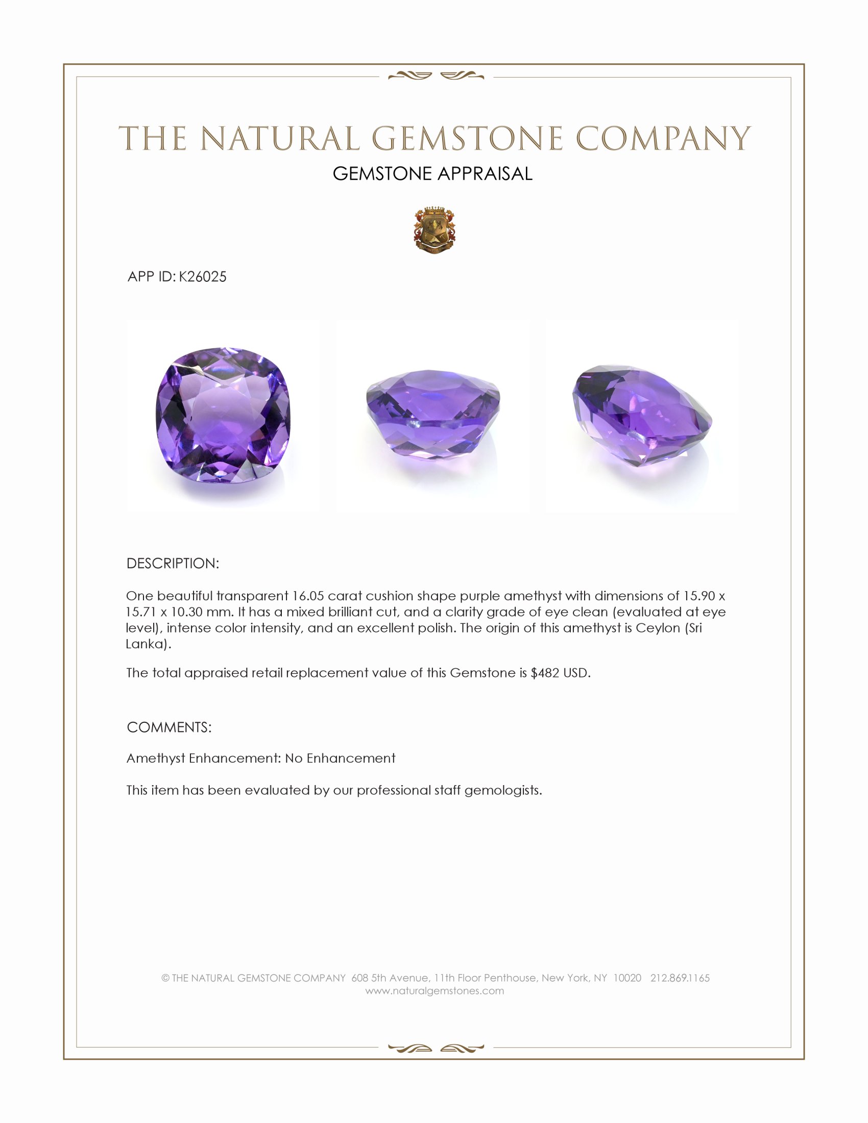 16.05 Ct. Purple Amethyst from Ceylon (Sri Lanka)