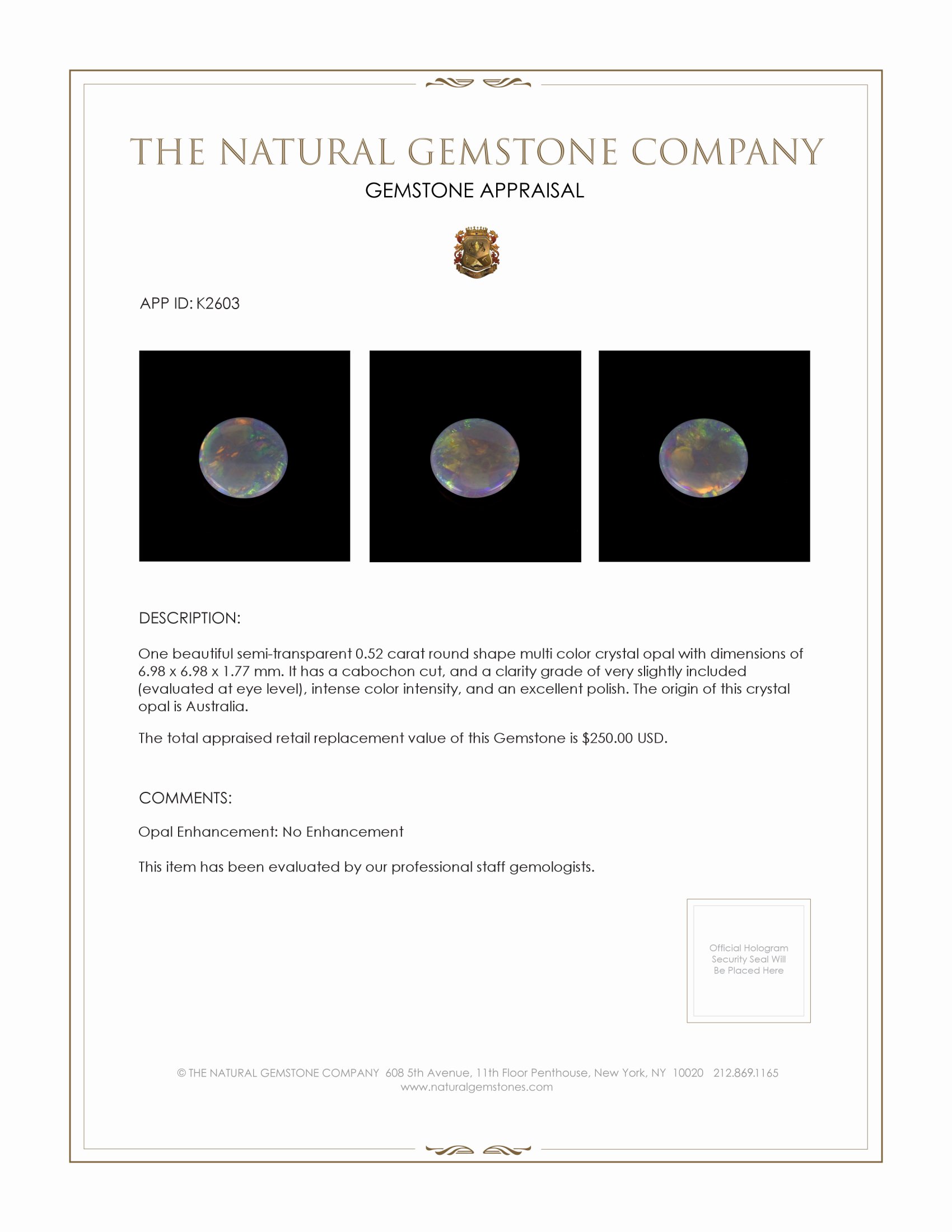 0.52 Ct. Cabochon Crystal/Jelly Opal from Australia