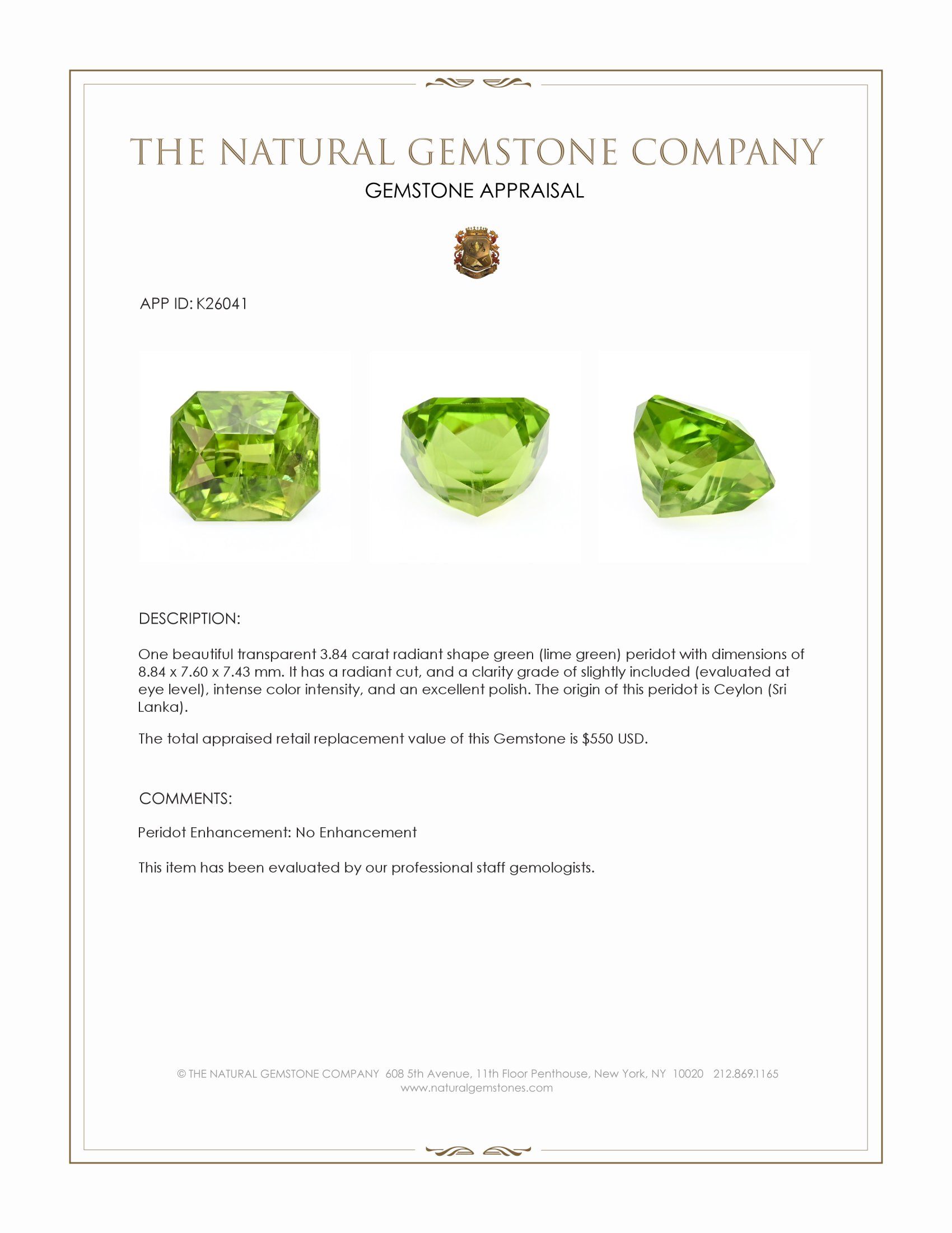 3.84 Ct. Green (Lime Green) Peridot from Ceylon (Sri Lanka)