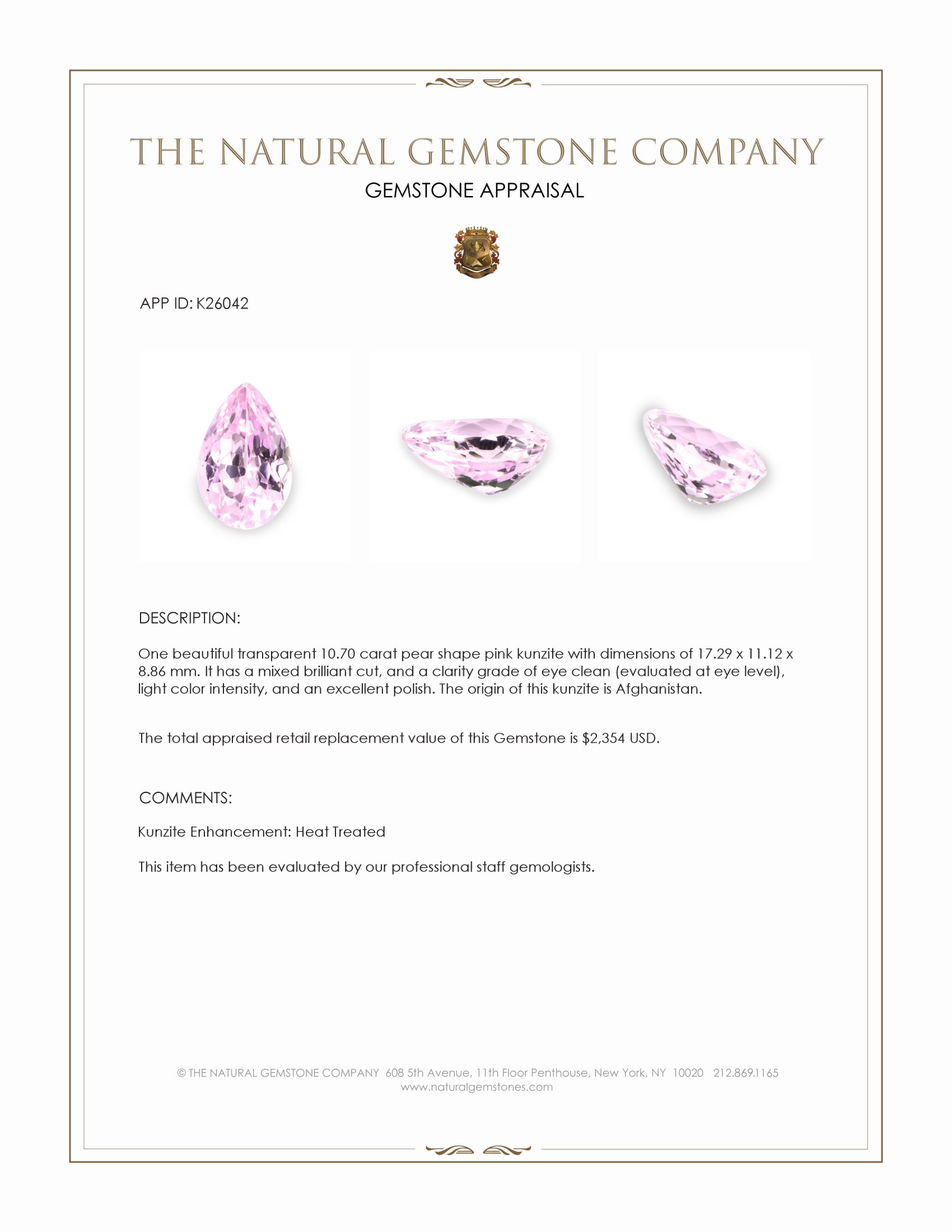 10.70 Ct. Pink Kunzite from Afghanistan