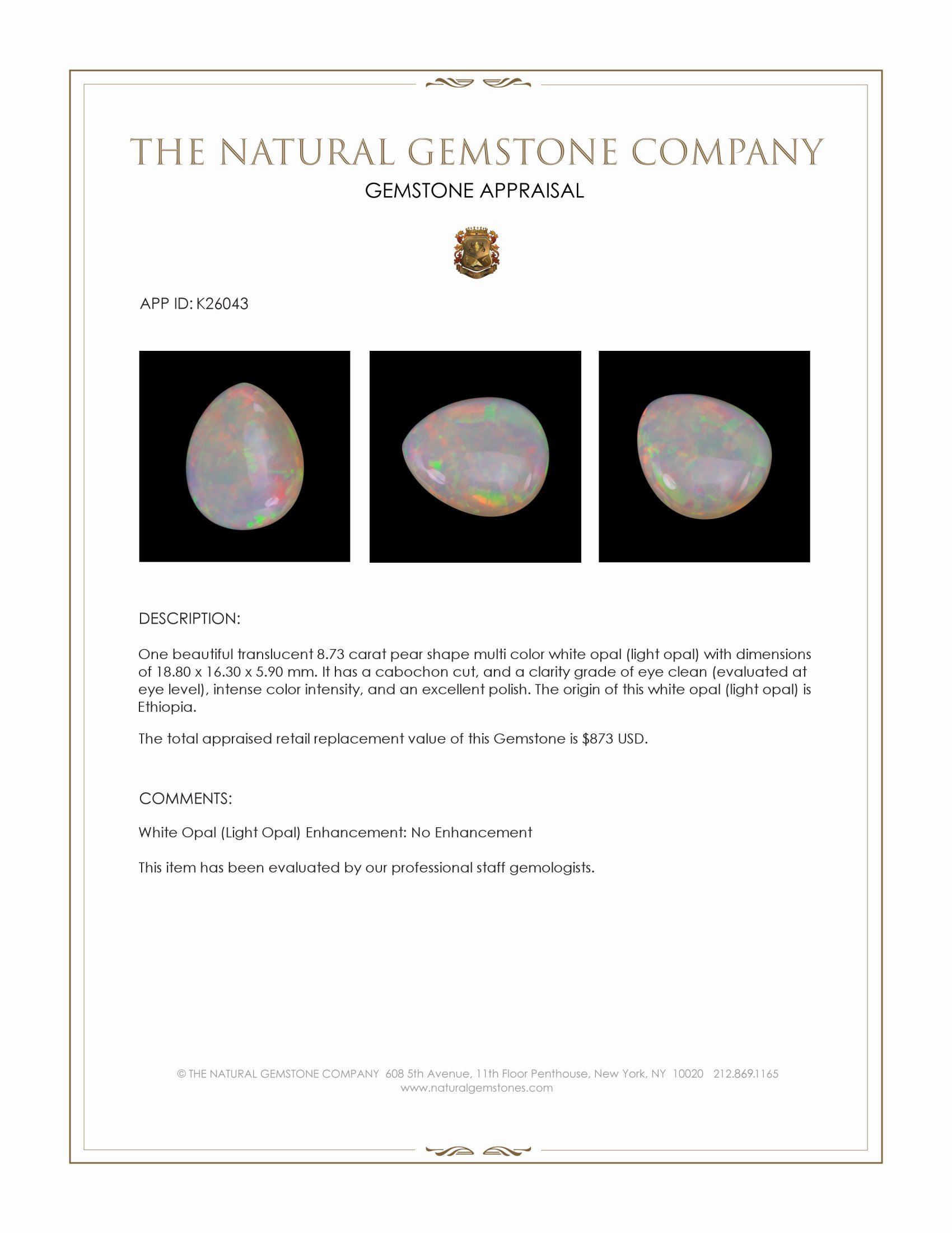 8.73 Ct. Multi Color Cabochon White Opal (Light Opal) from Ethiopia