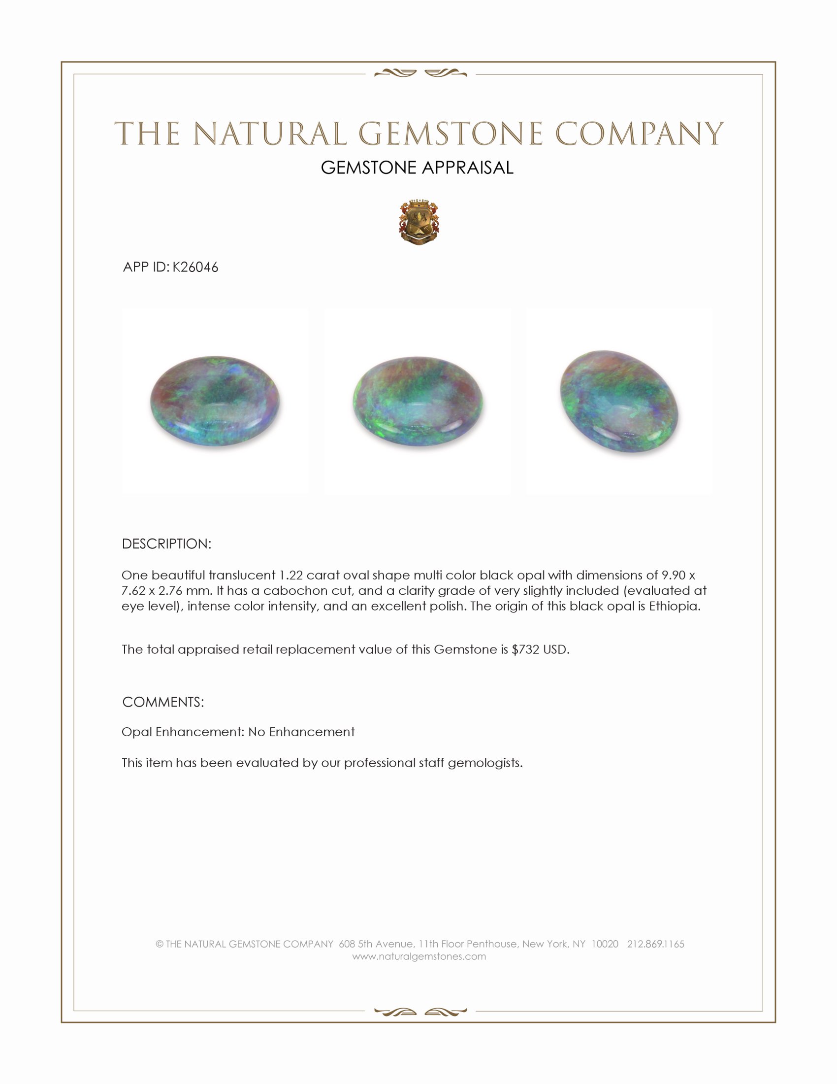 1.22 Ct. Multi Color Cabochon Black Opal (Dark Opal) from Ethiopia