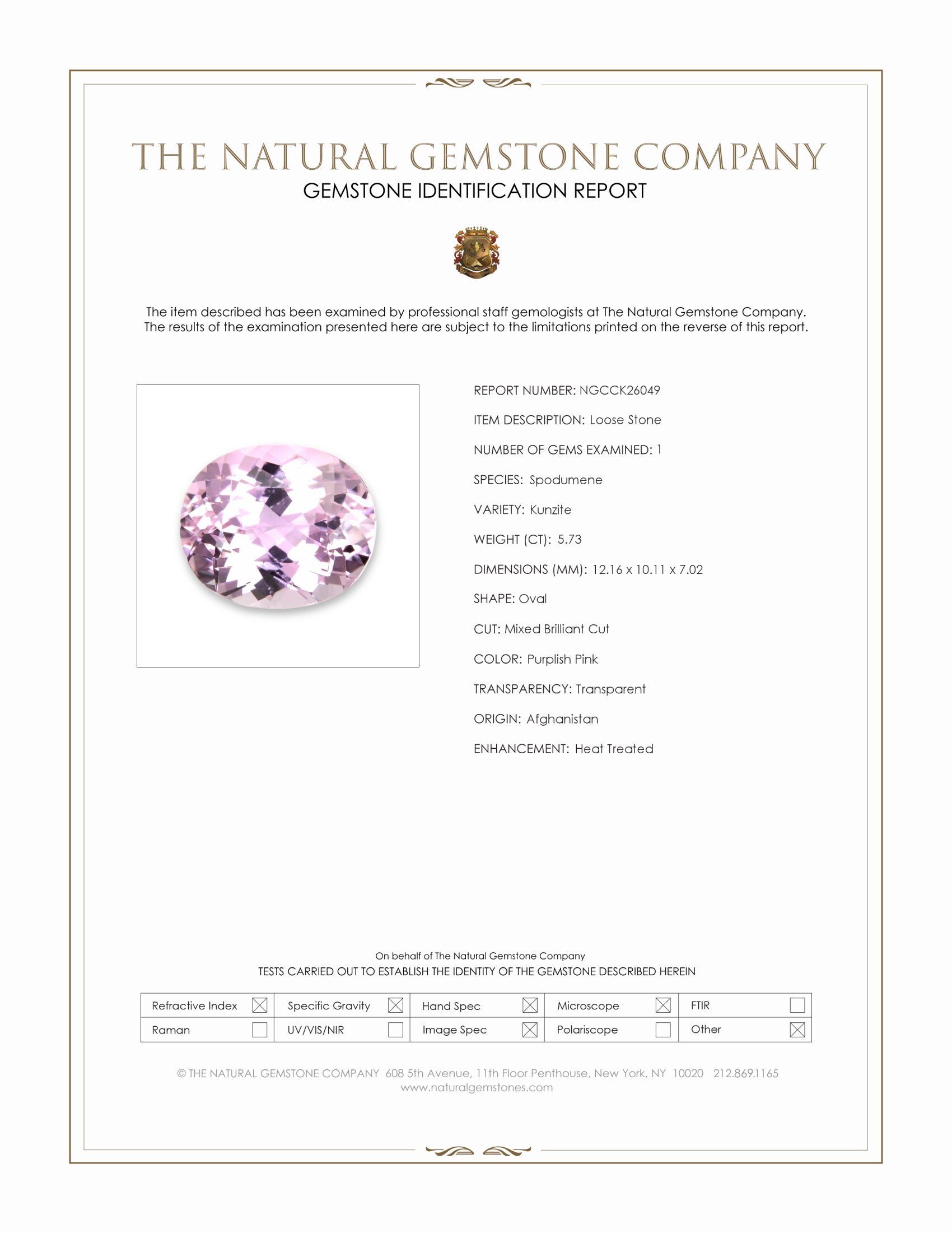 5.73 Ct. Purplish Pink Kunzite from Afghanistan