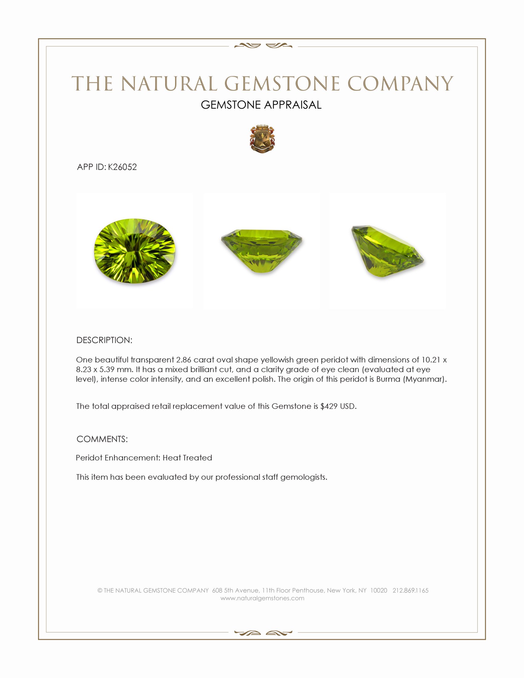 2.86 Ct. Yellowish Green Peridot from Burma (Myanmar)