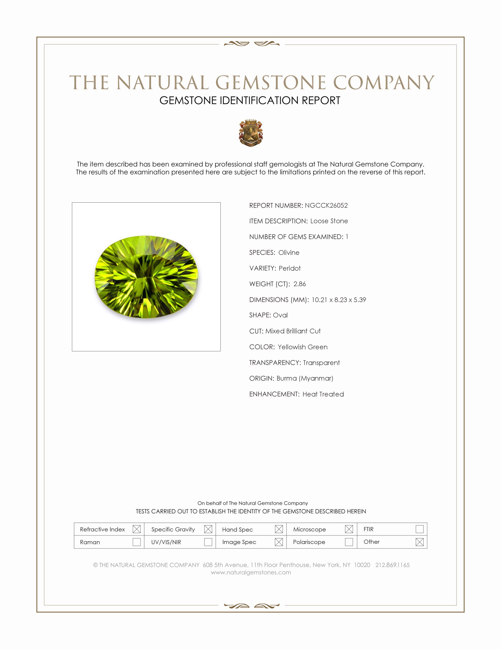 2.86 Ct. Yellowish Green Peridot from Burma (Myanmar)