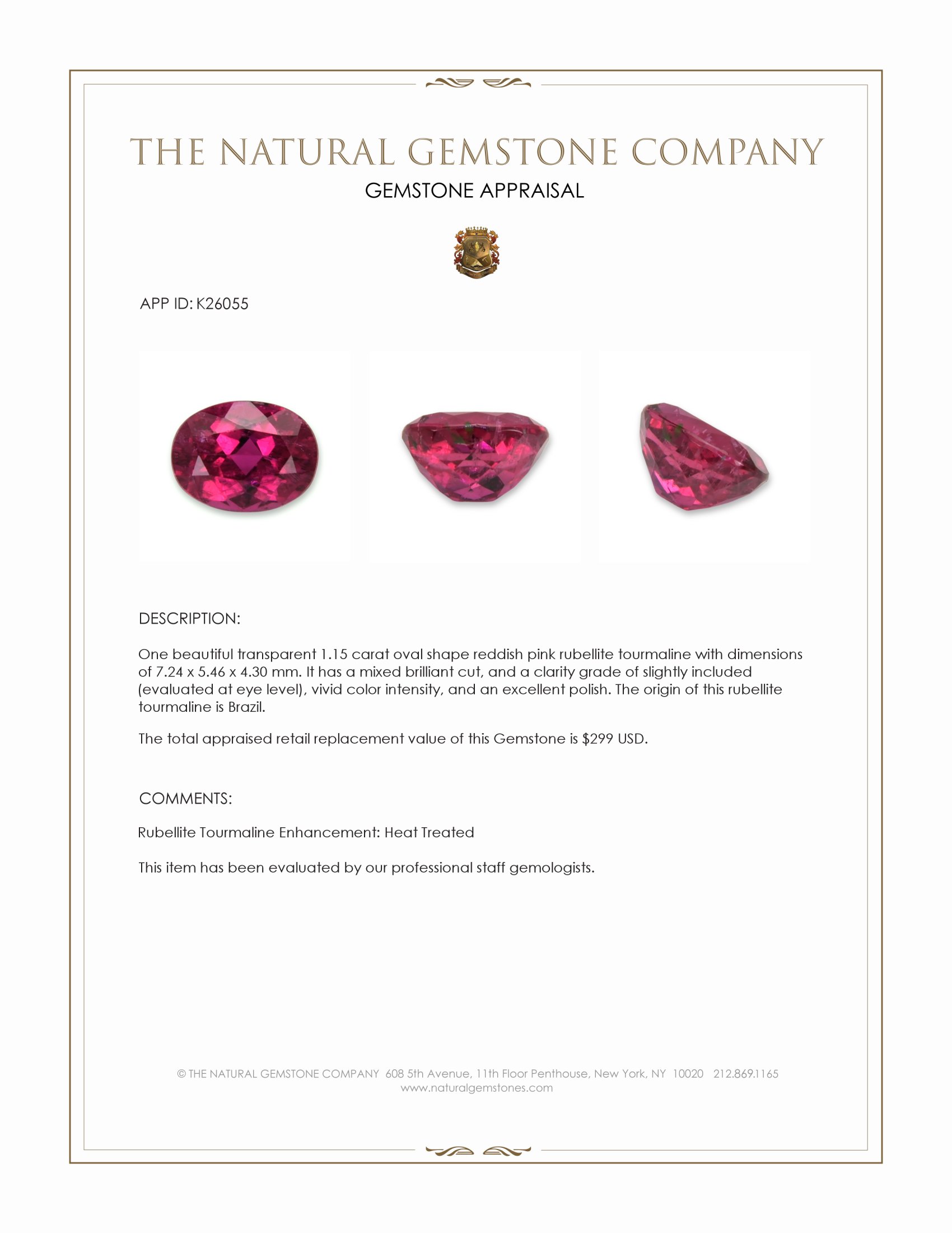 1.15 Ct. Reddish Pink Rubellite Tourmaline from Brazil