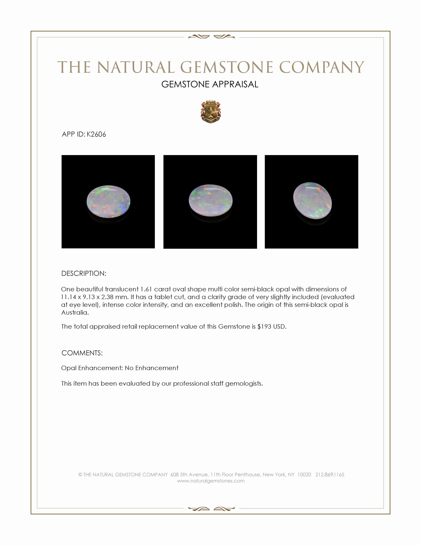 1.61 Ct. Semi-Black Opal from Australia