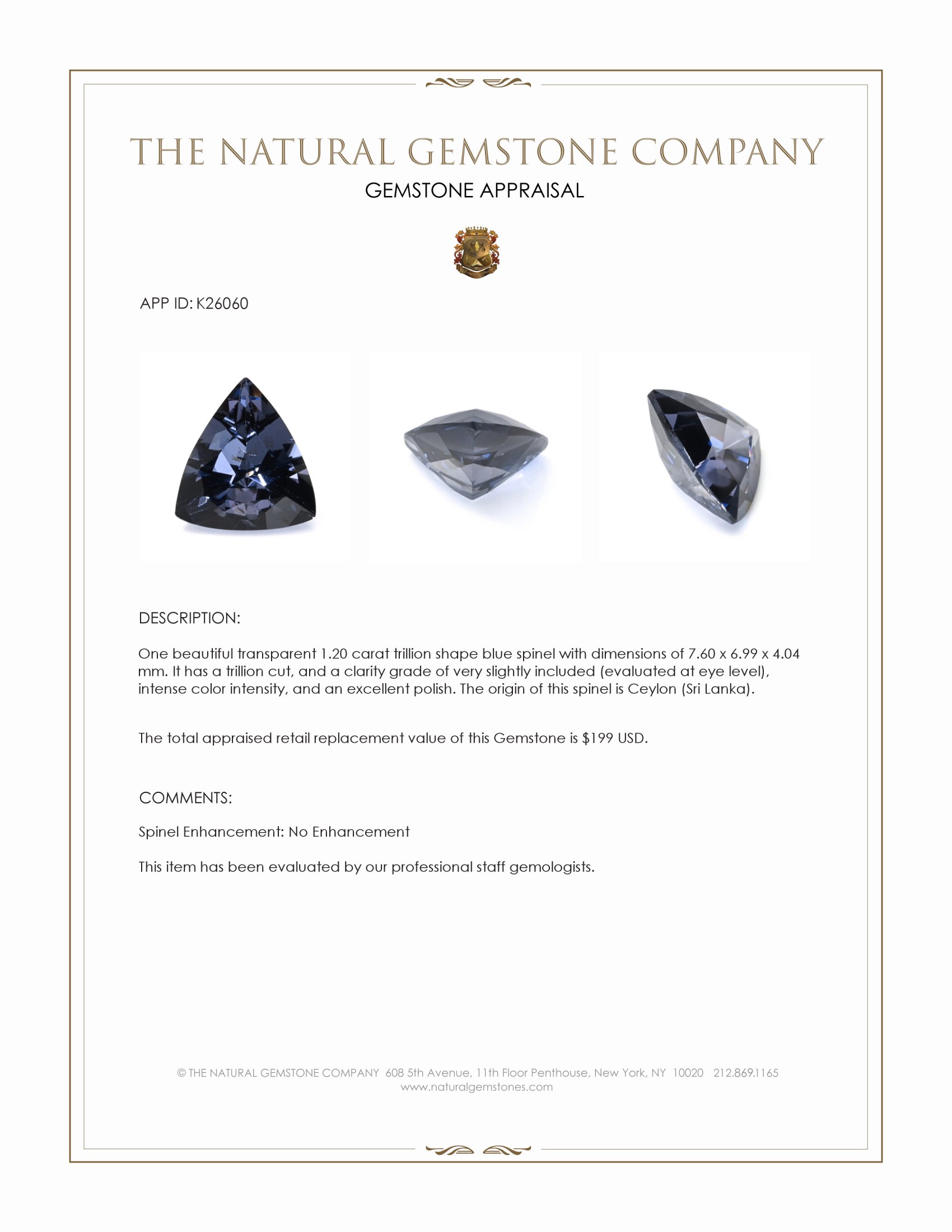 1.20 Ct. Blue Spinel from Ceylon (Sri Lanka)