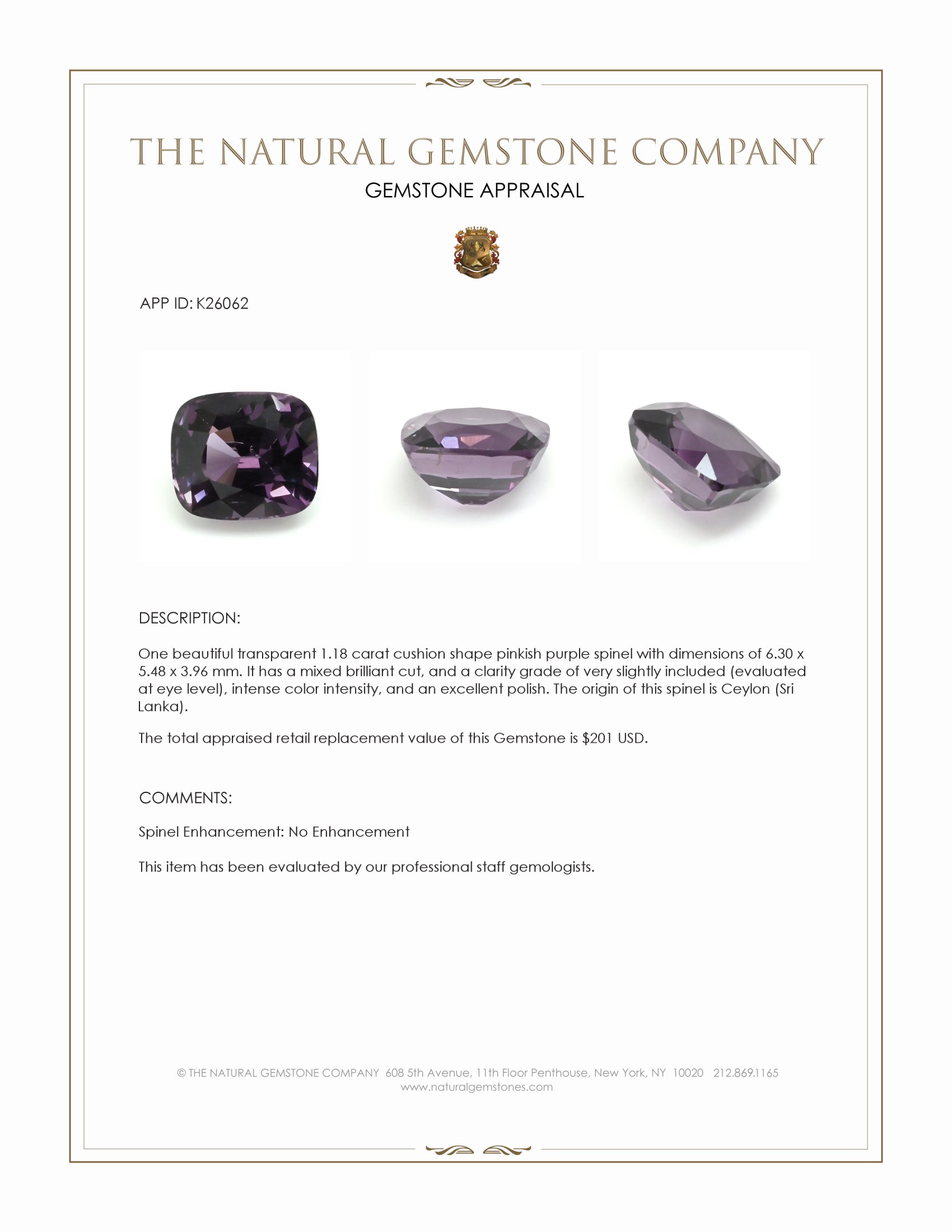 1.18 Ct. Pinkish Purple Spinel from Ceylon (Sri Lanka)
