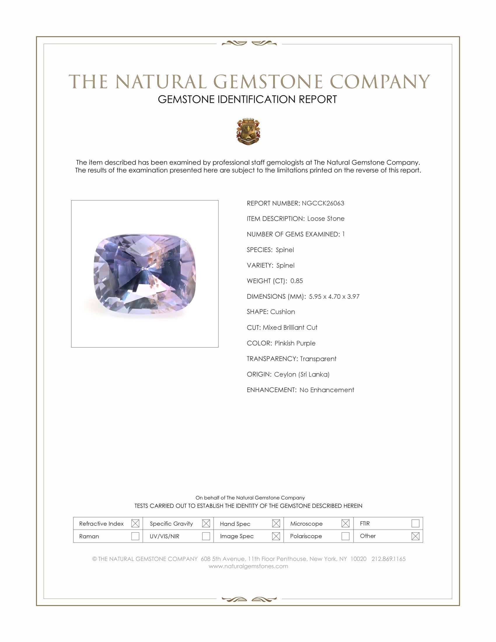 0.85 Ct. Pinkish Purple Spinel from Ceylon (Sri Lanka)