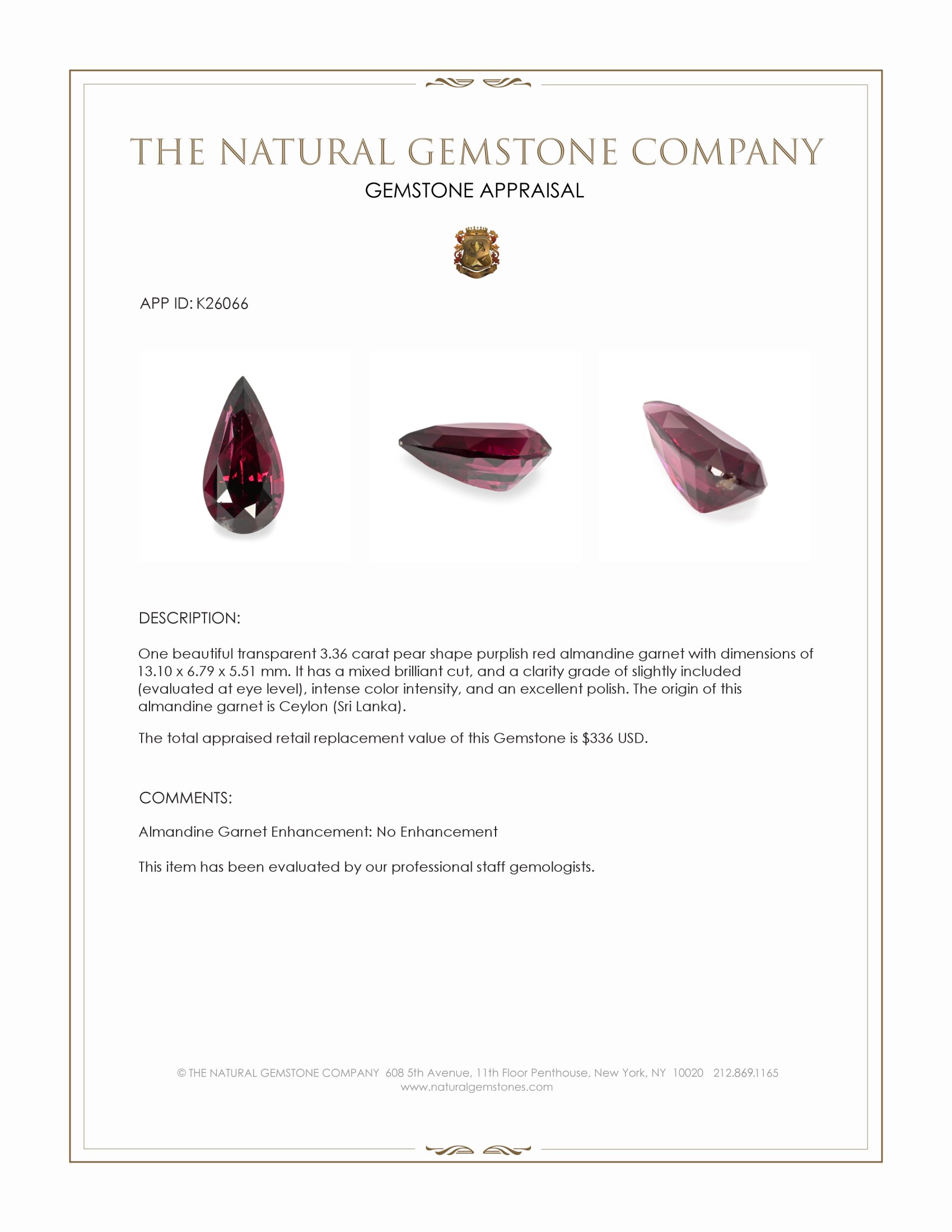 3.36 Ct. Purplish Red Almandine Garnet from Ceylon (Sri Lanka)