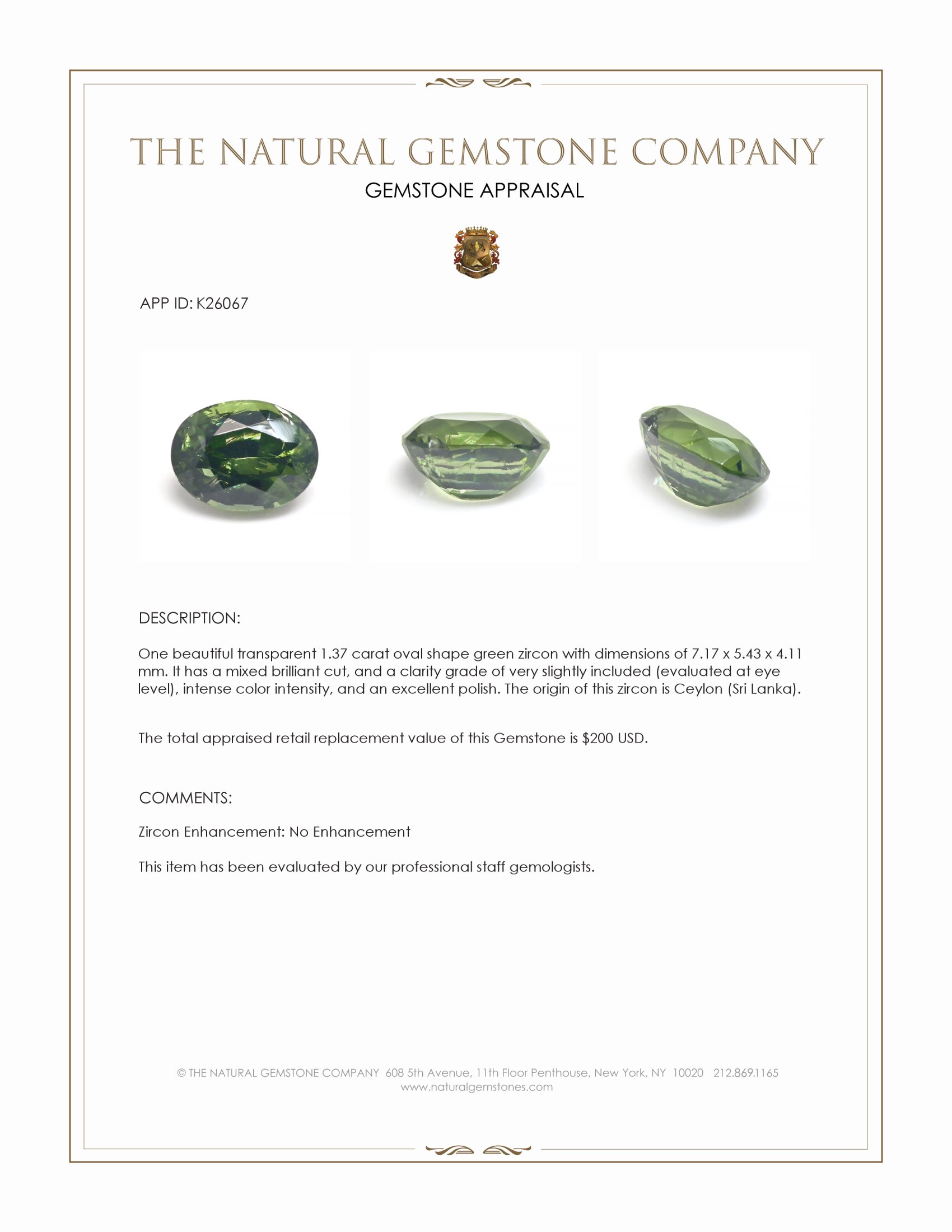 1.37 Ct. Green Zircon from Ceylon (Sri Lanka)