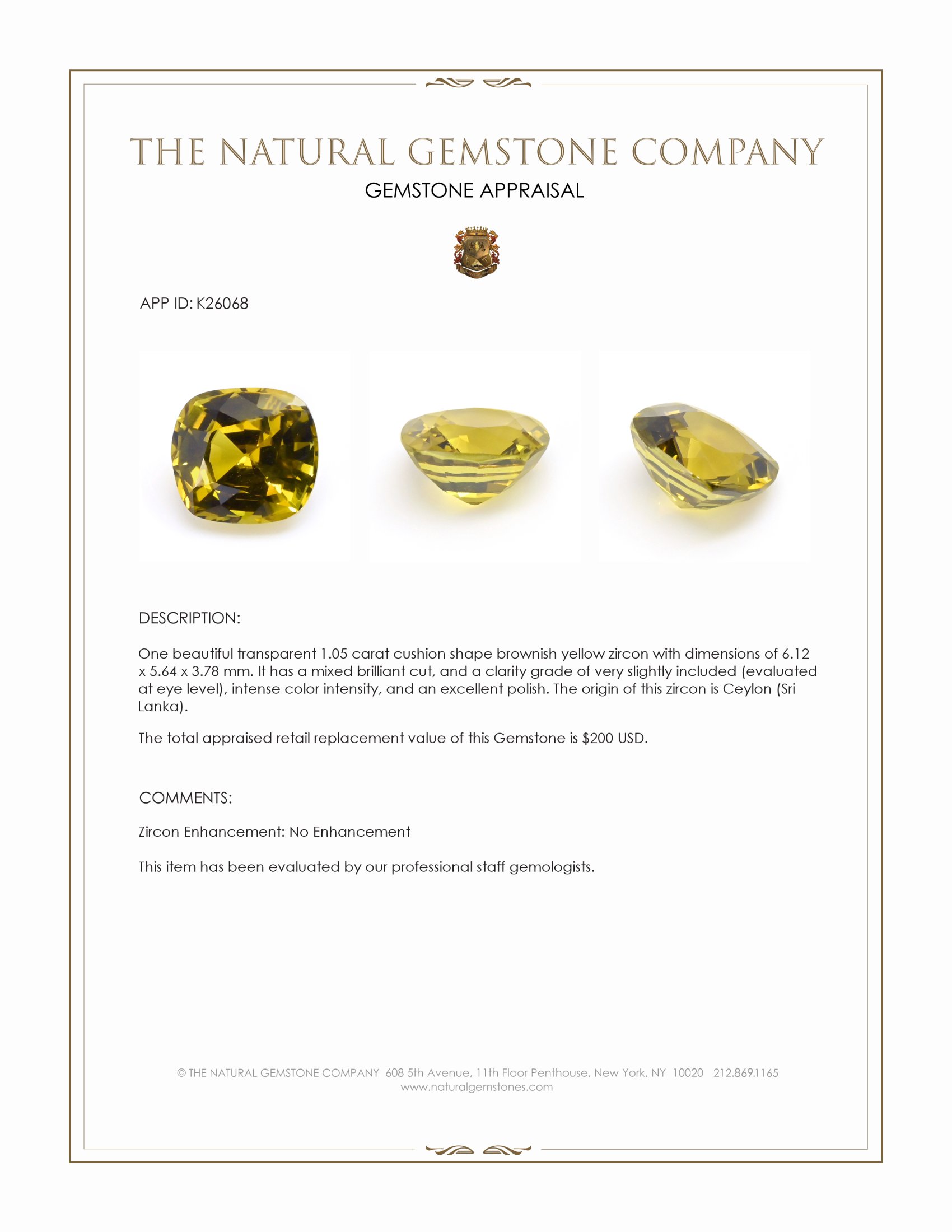 1.05 Ct. Brownish Yellow Zircon from Ceylon (Sri Lanka)