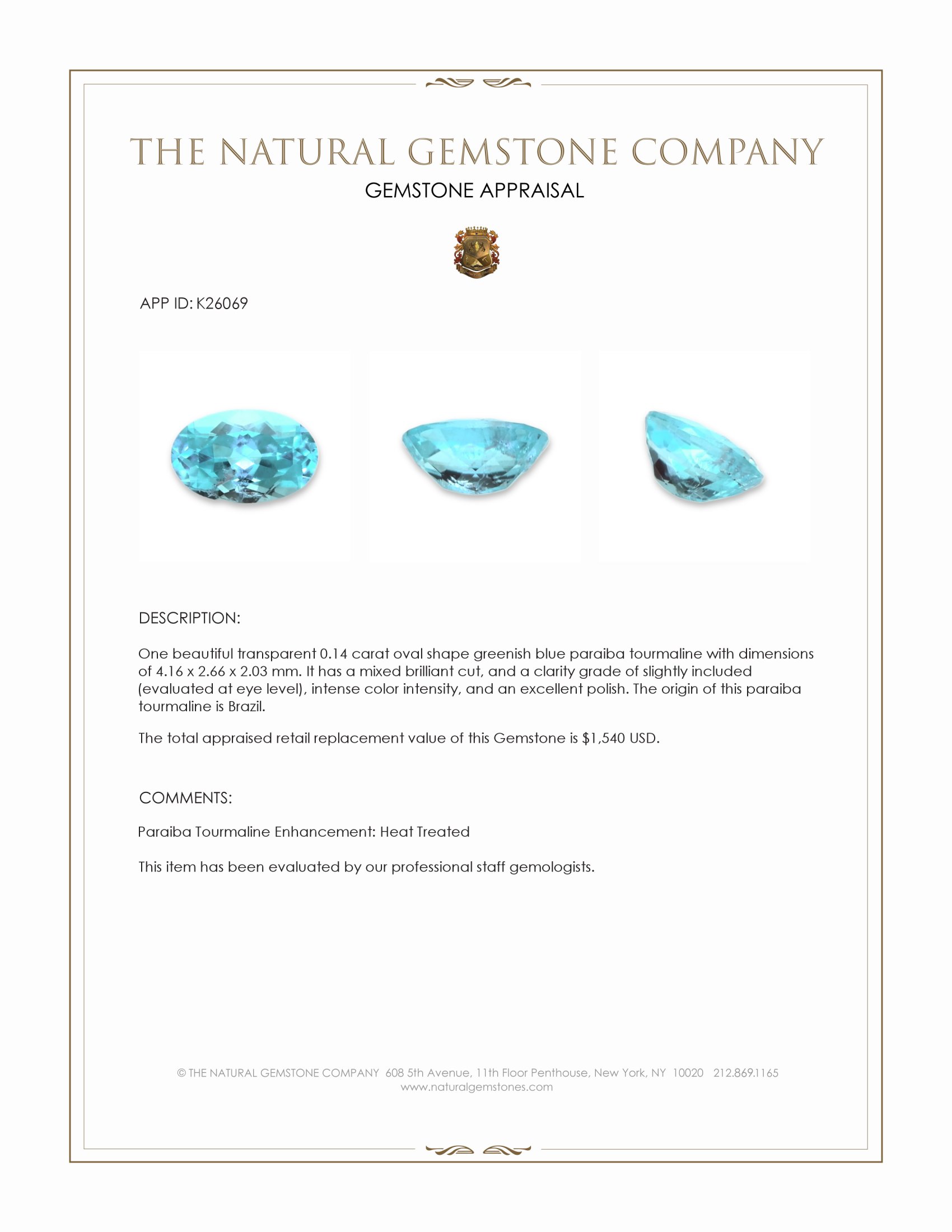 0.14 Ct. Greenish Blue Paraiba Tourmaline from Brazil