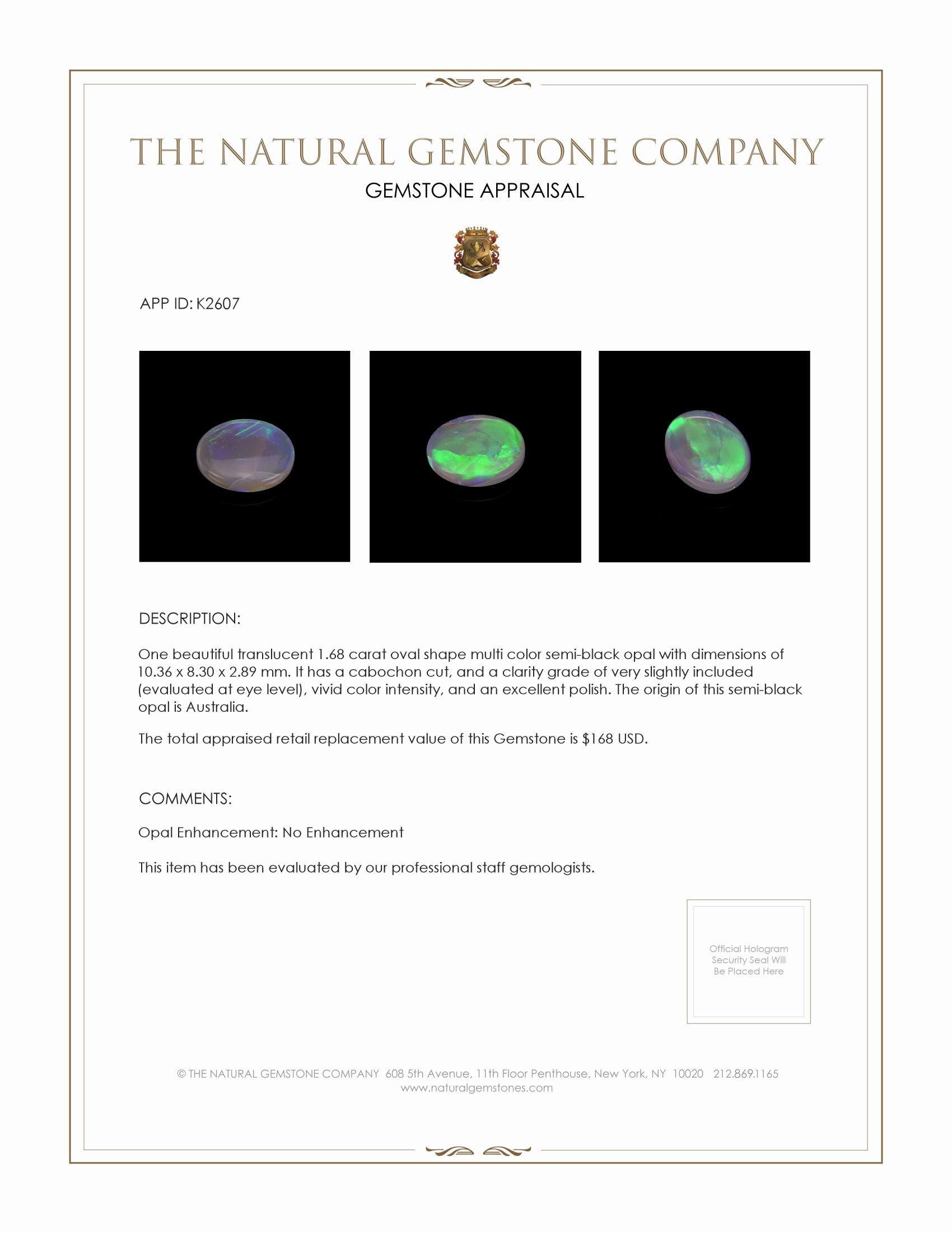 1.68 Ct. Cabochon Semi-Black Opal from Australia