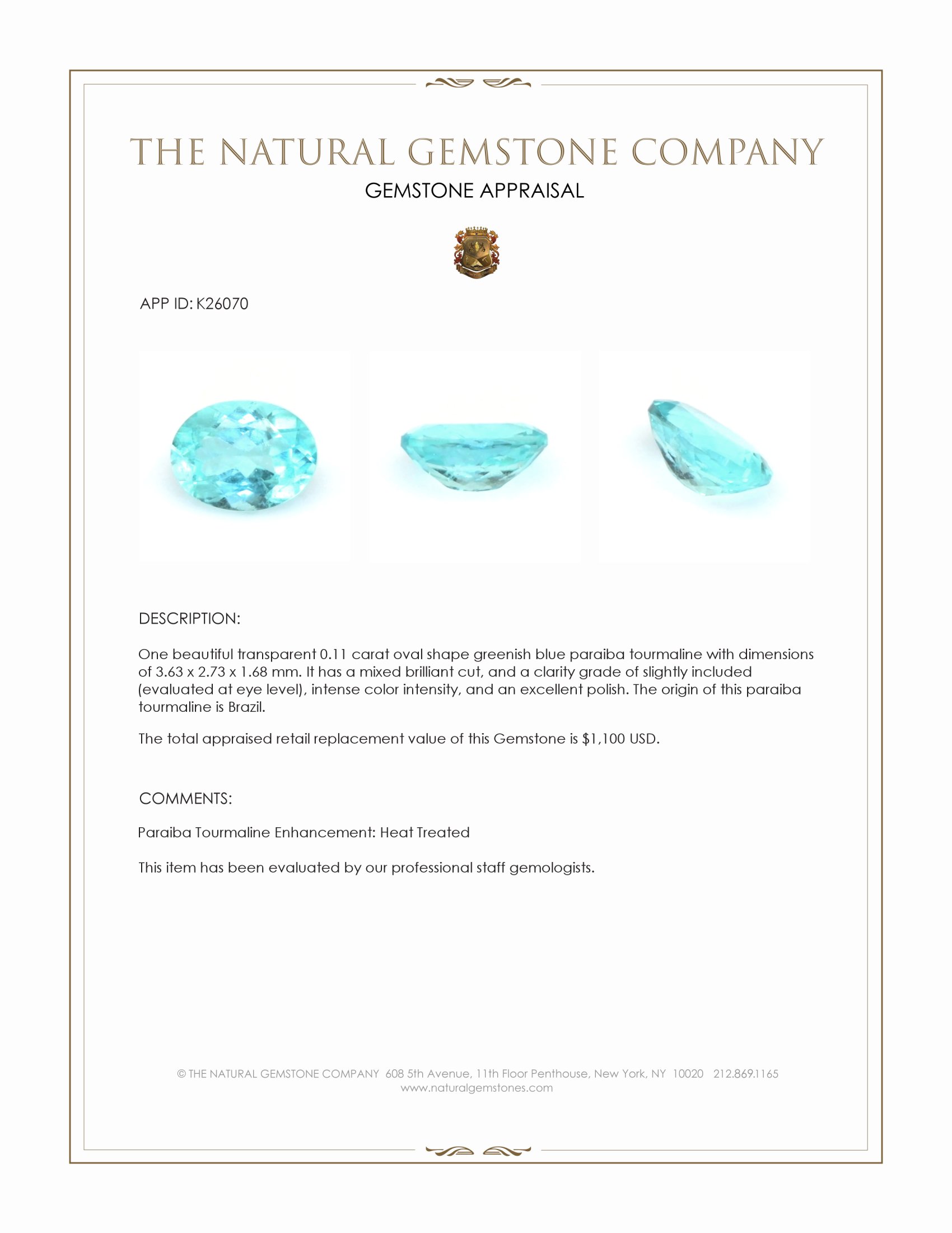0.11 Ct. Greenish Blue Paraiba Tourmaline from Brazil