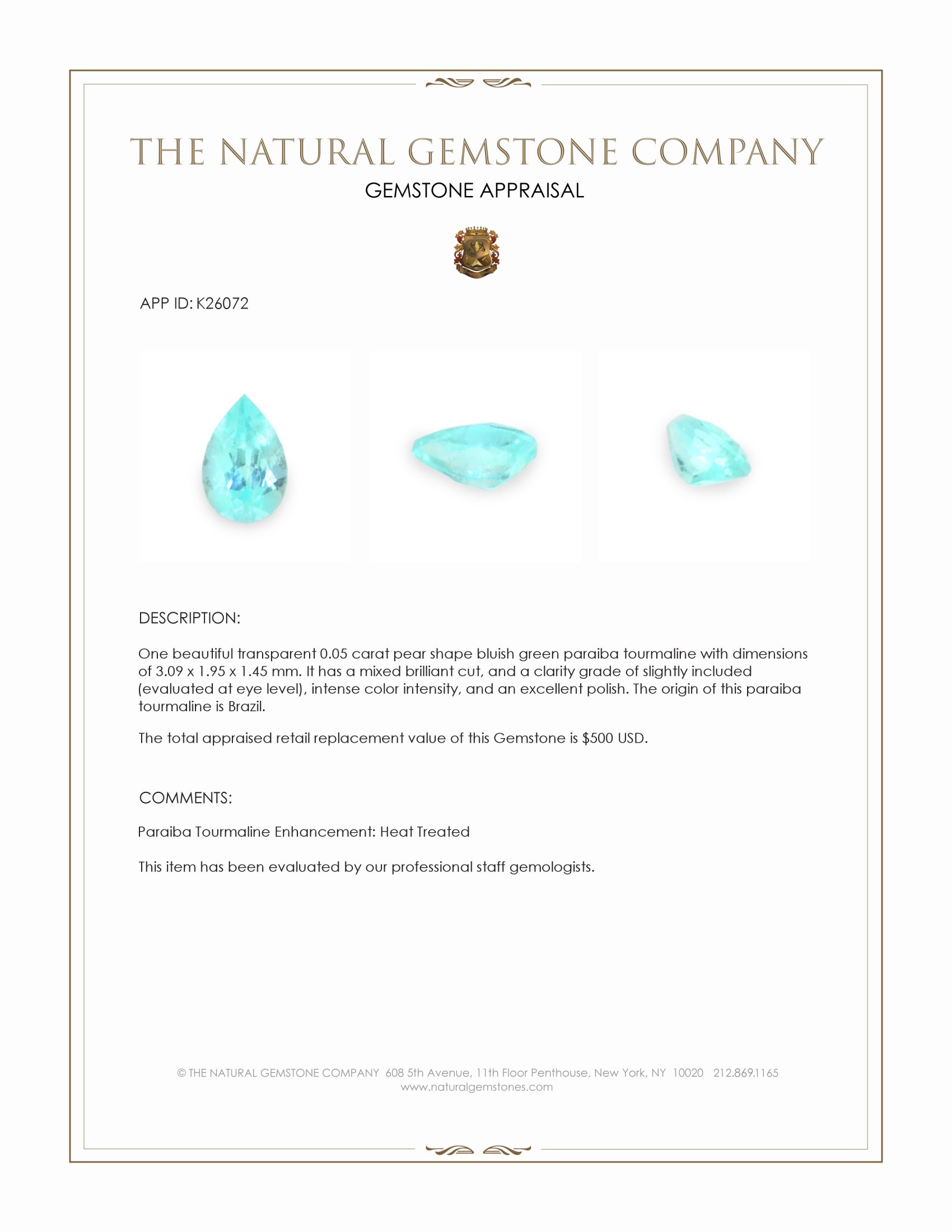 0.05 Ct. Bluish Green Paraiba Tourmaline from Brazil
