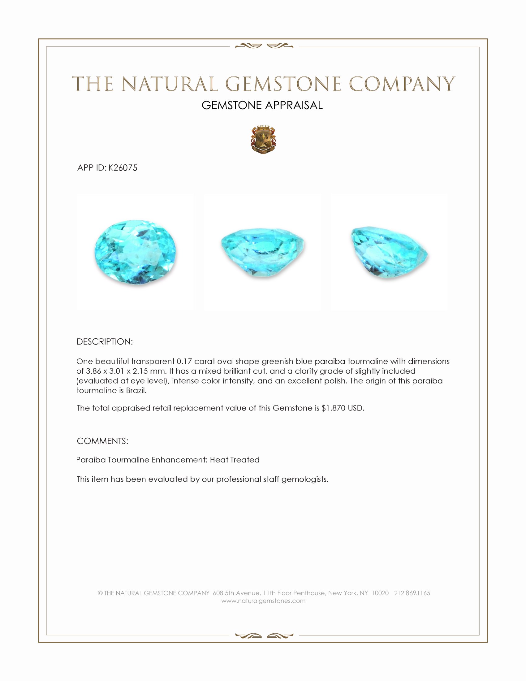 0.17 Ct. Greenish Blue Paraiba Tourmaline from Brazil