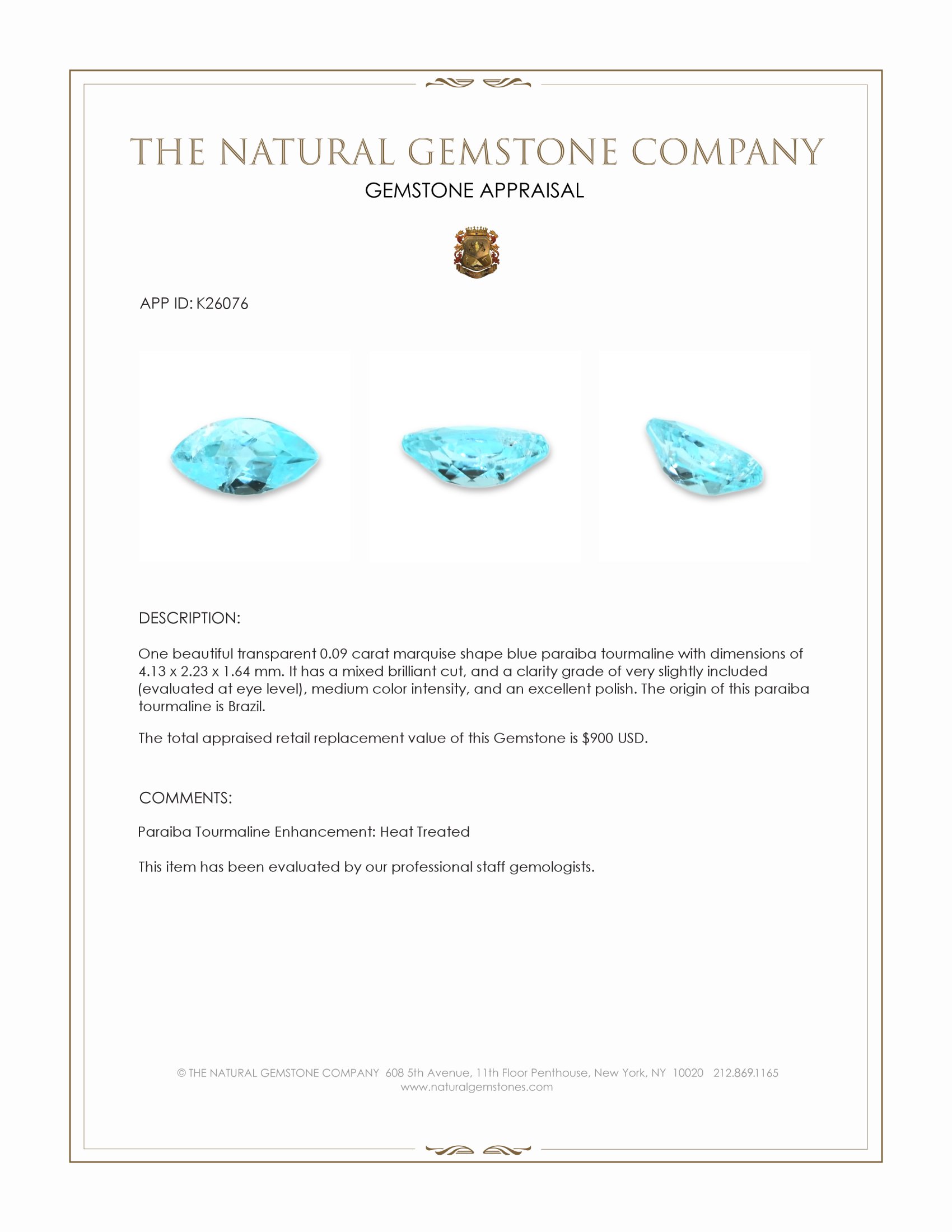 0.09 Ct. Blue Paraiba Tourmaline from Brazil