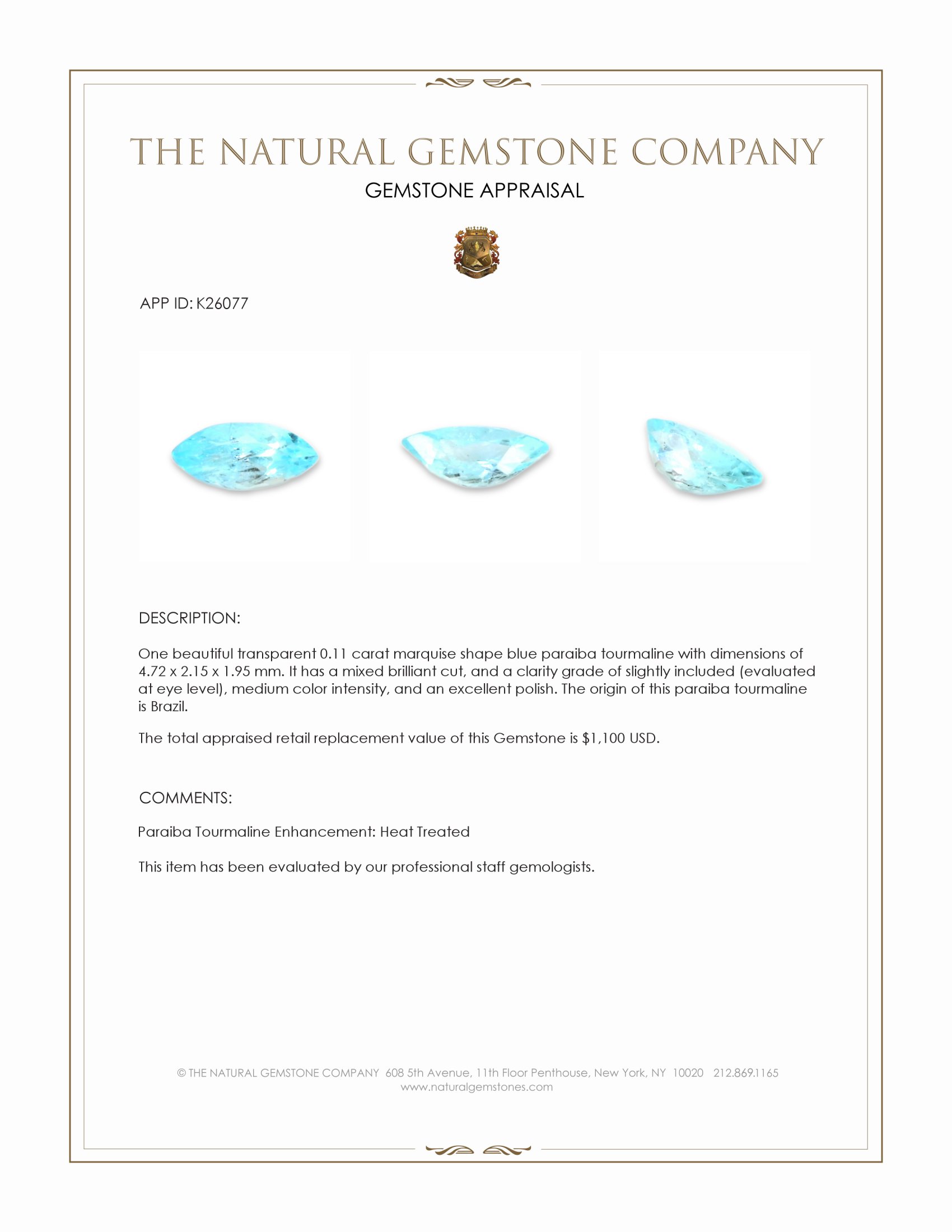 0.11 Ct. Blue Paraiba Tourmaline from Brazil