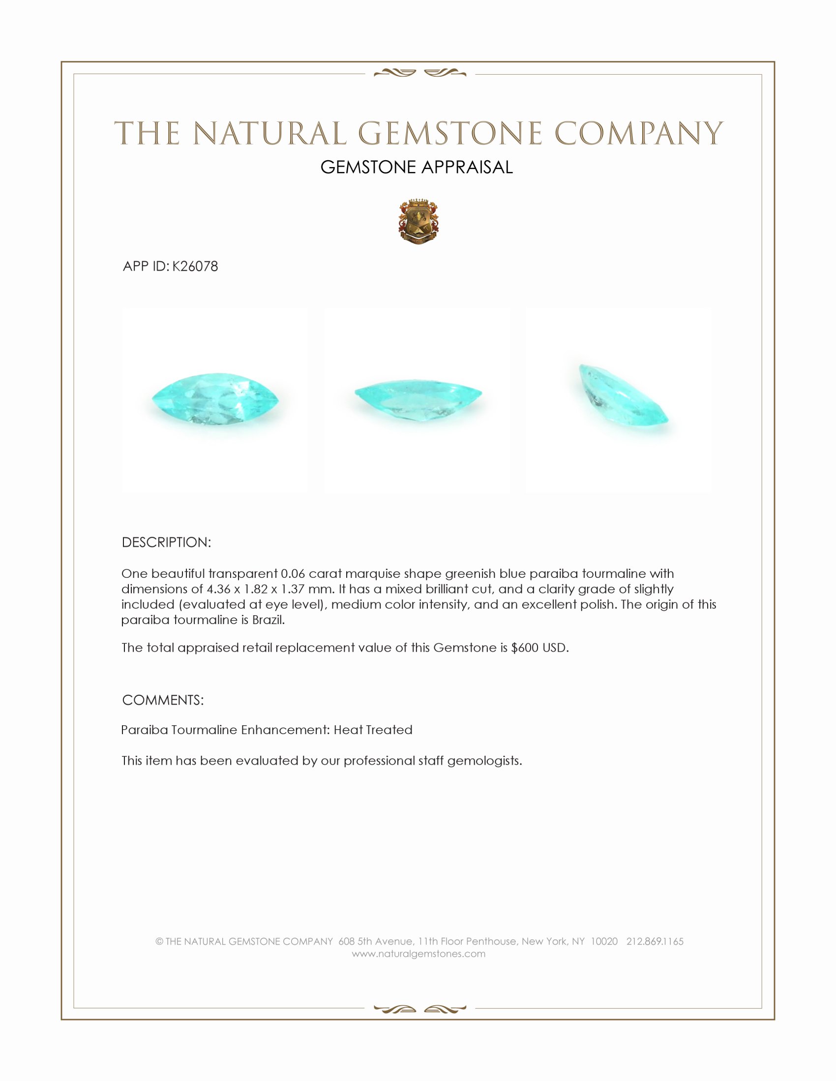 0.06 Ct. Greenish Blue Paraiba Tourmaline from Brazil