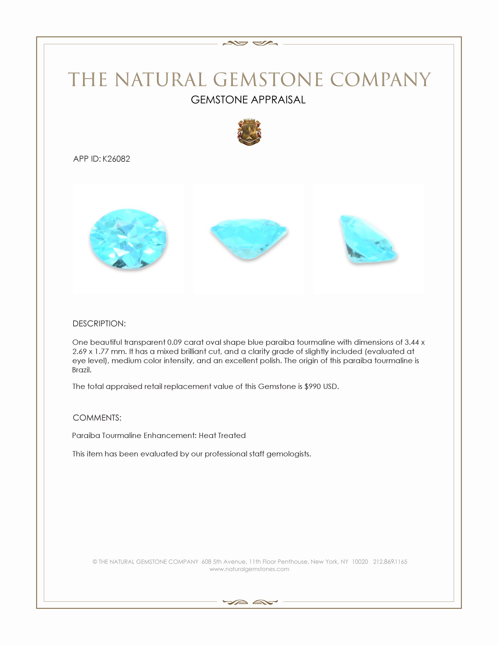 0.09 Ct. Blue Paraiba Tourmaline from Brazil