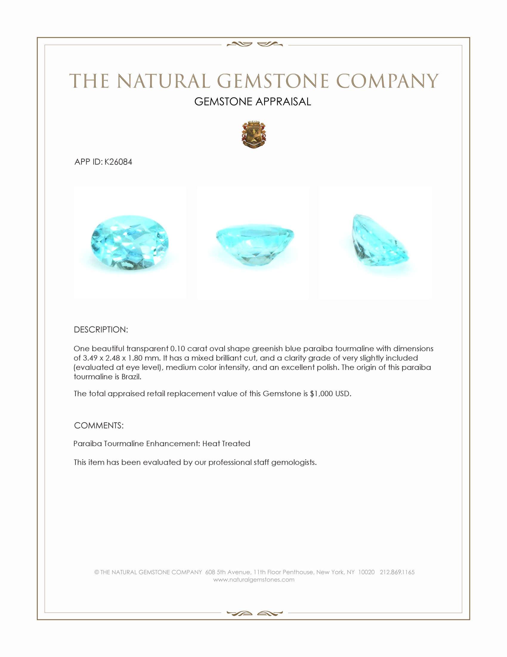 0.10 Ct. Greenish Blue Paraiba Tourmaline from Brazil