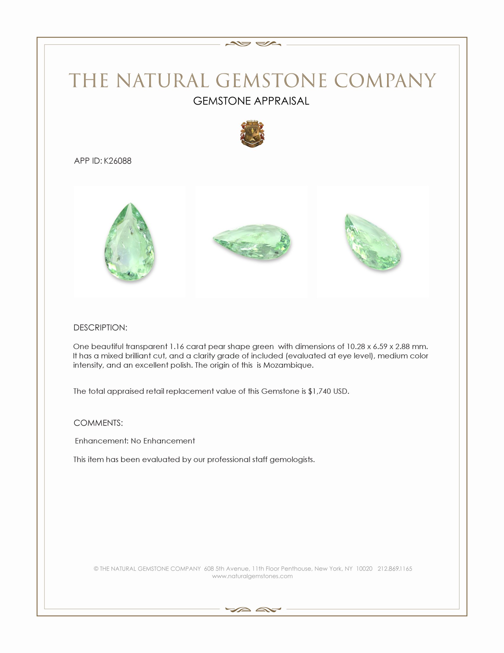 1.16 Ct. Green Paraiba Tourmaline from Mozambique