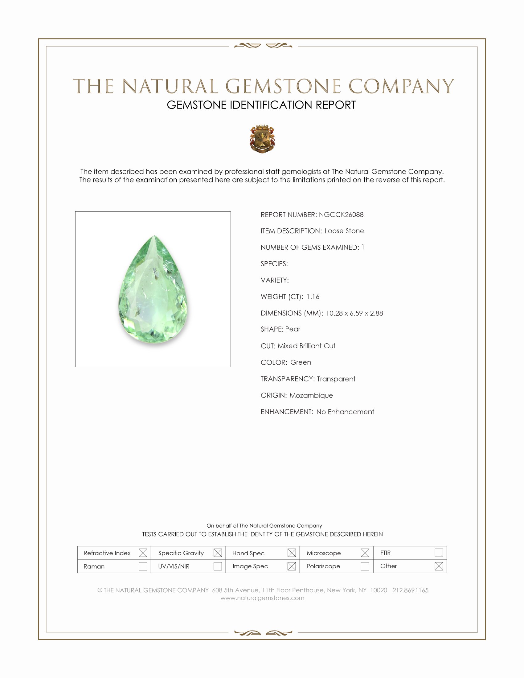 1.16 Ct. Green Paraiba Tourmaline from Mozambique