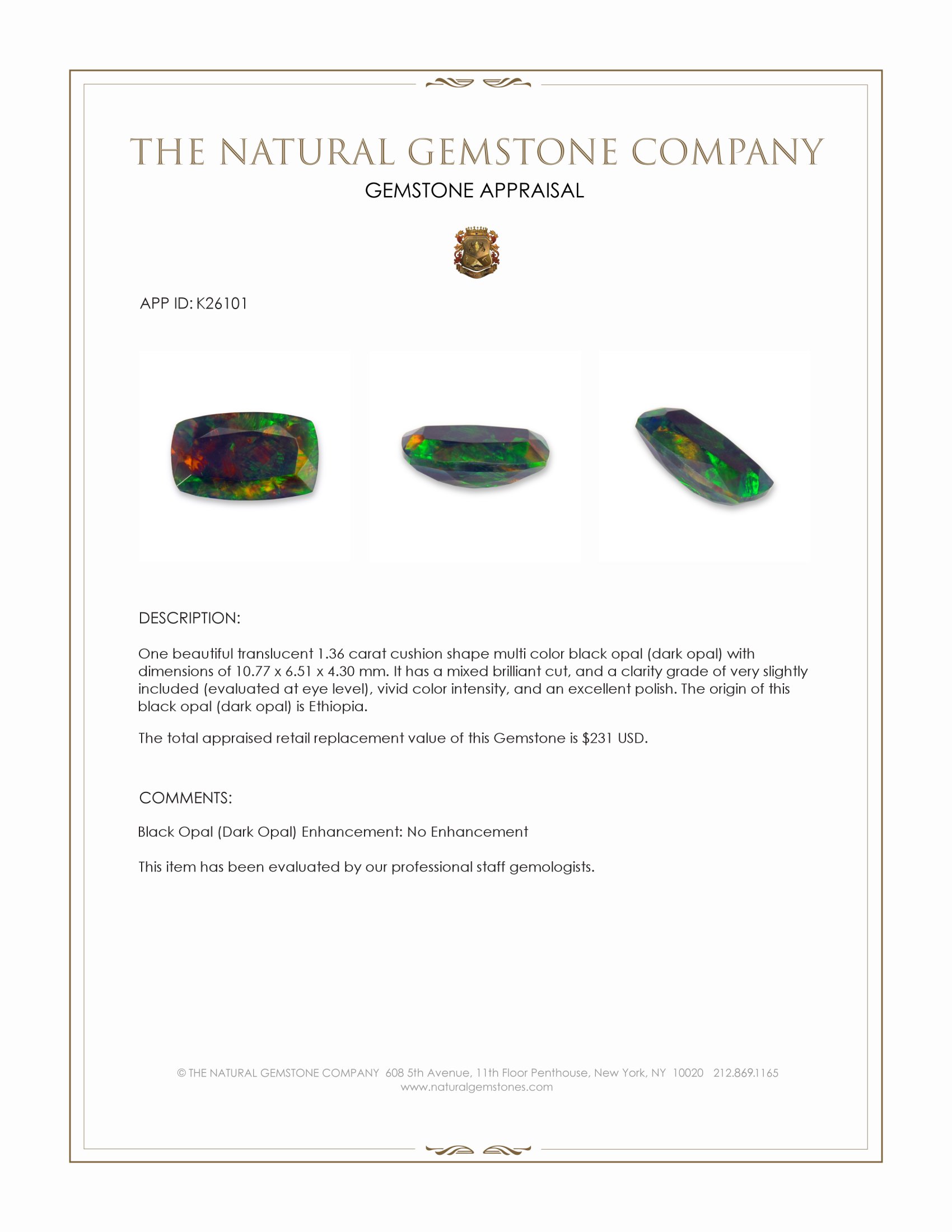 1.36 Ct. Multi Color Black Opal (Dark Opal) from Ethiopia