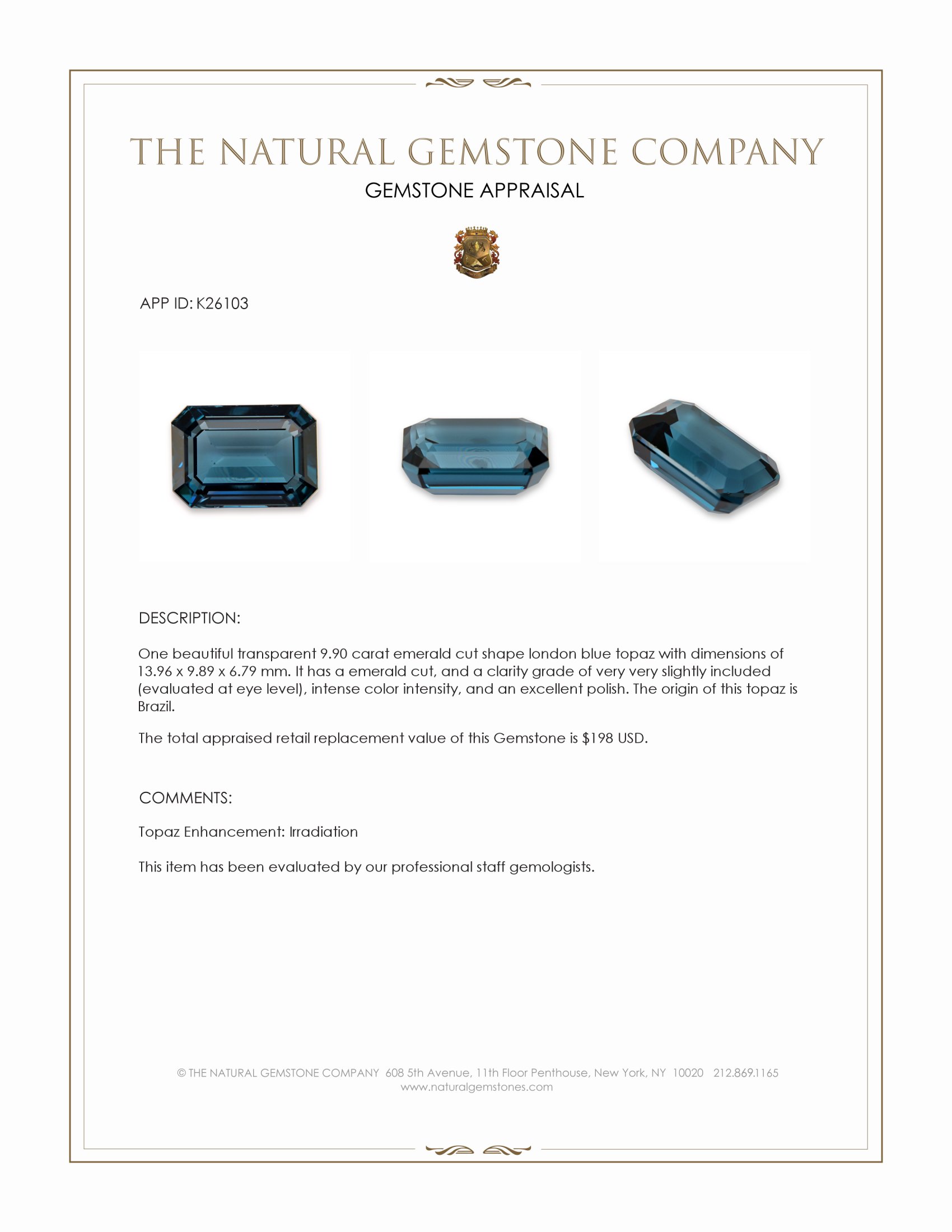 9.90 Ct. London Blue Topaz from Brazil