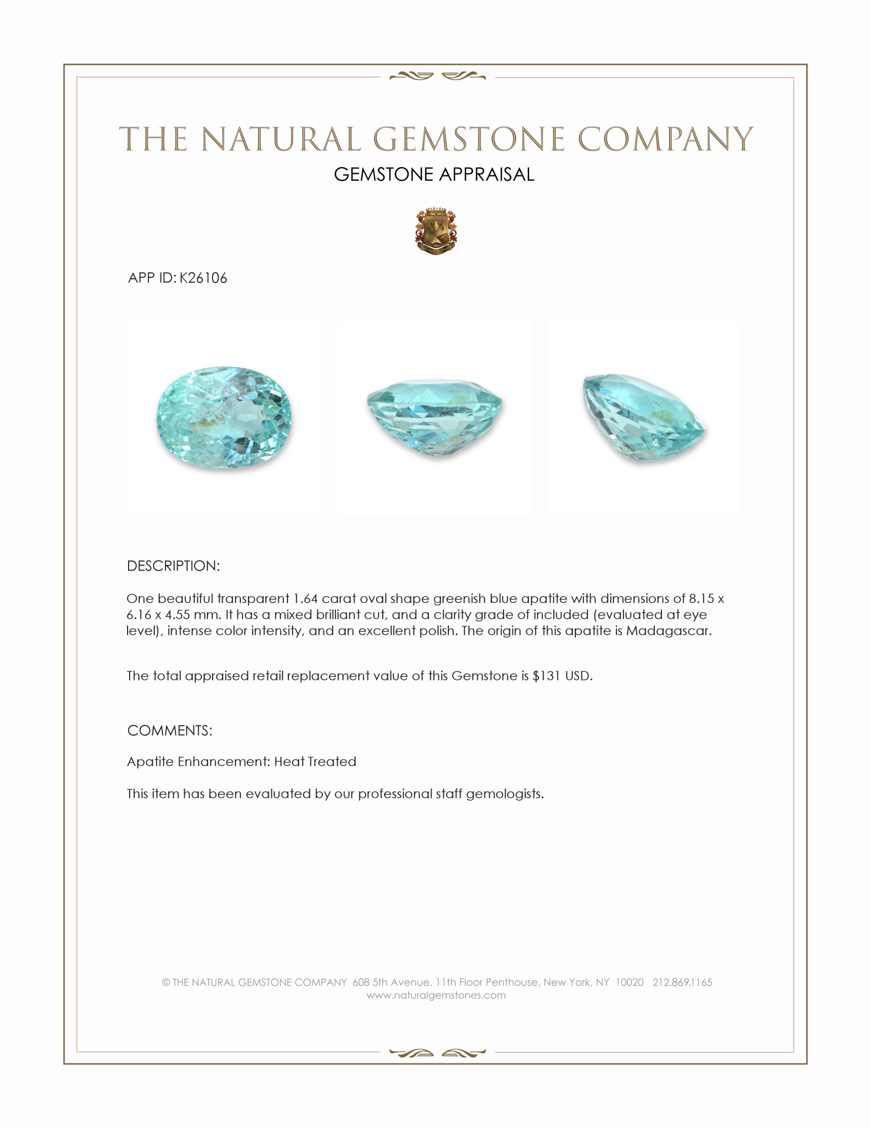1.64 Ct. Greenish Blue Apatite from Madagascar