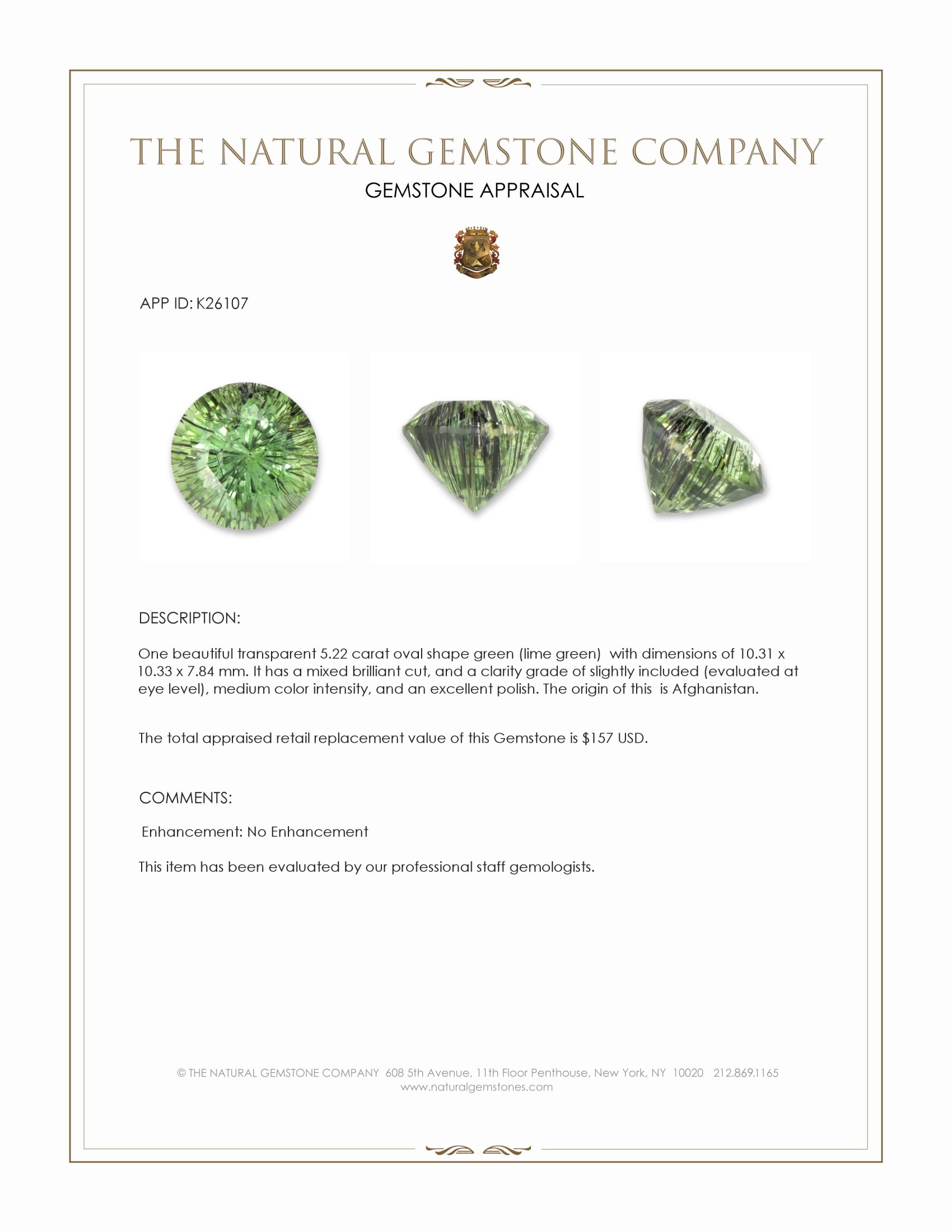 5.22 Ct. Green (Lime Green) Peridot from Afghanistan